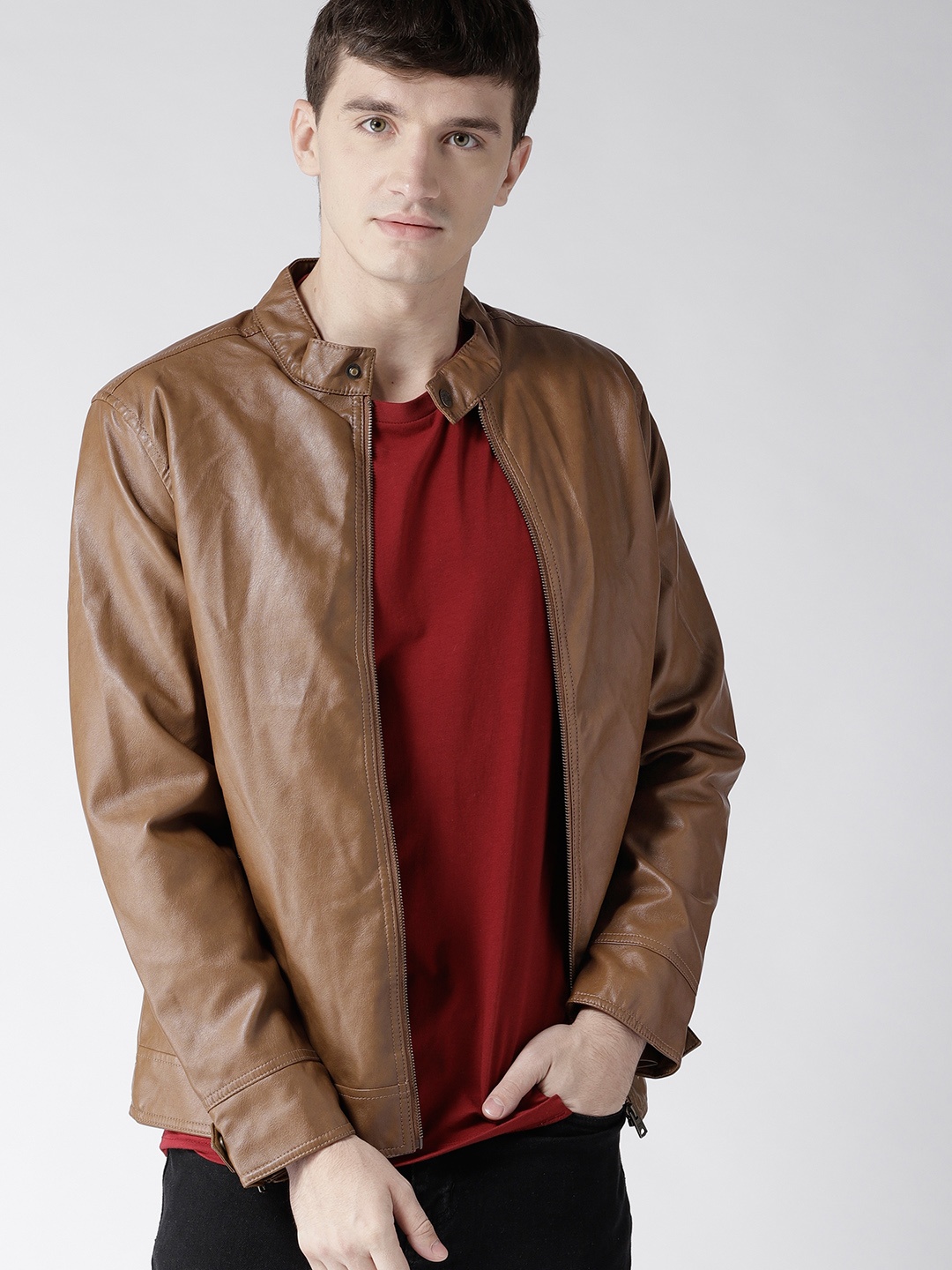 

Aeropostale Men Brown Solid Biker Jacket