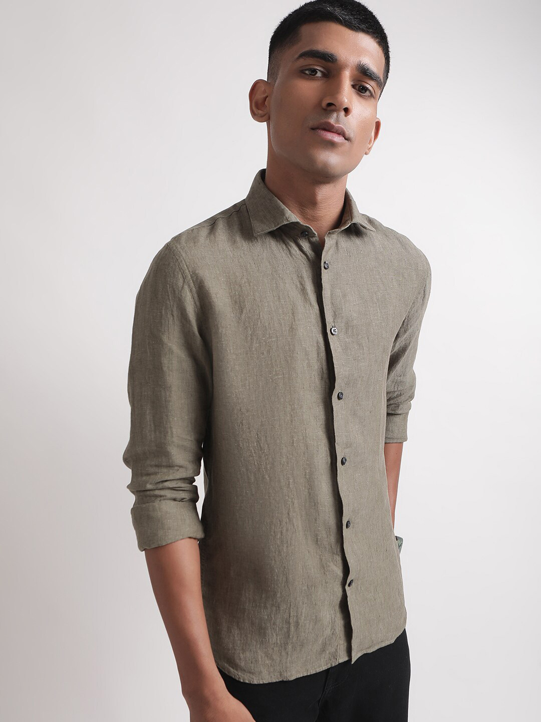

Matinique Spread Collar Linen Casual Shirt, Olive