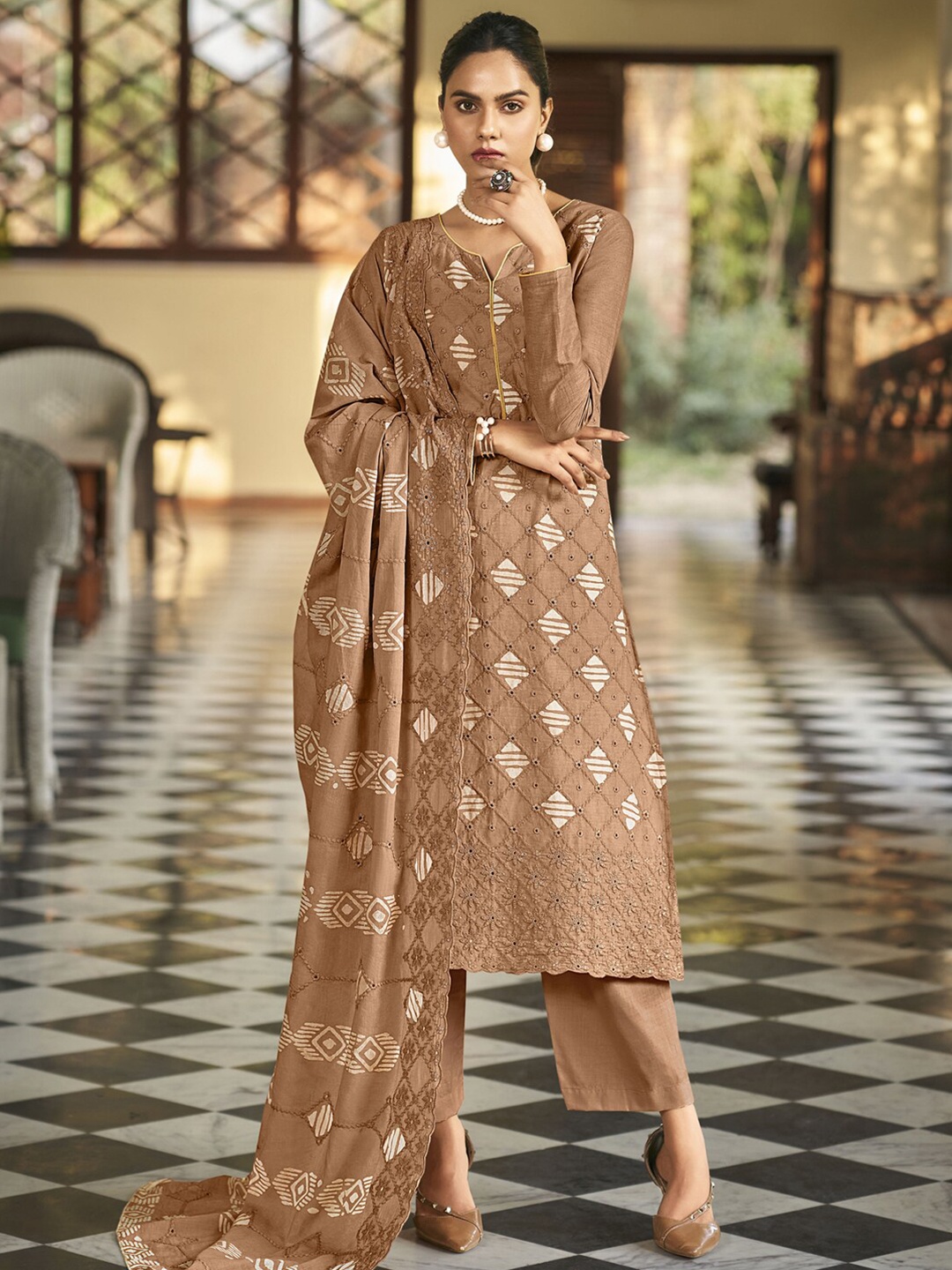 

Stylee LIFESTYLE Embroidered Pure Cotton Unstitched Dress Material, Rust