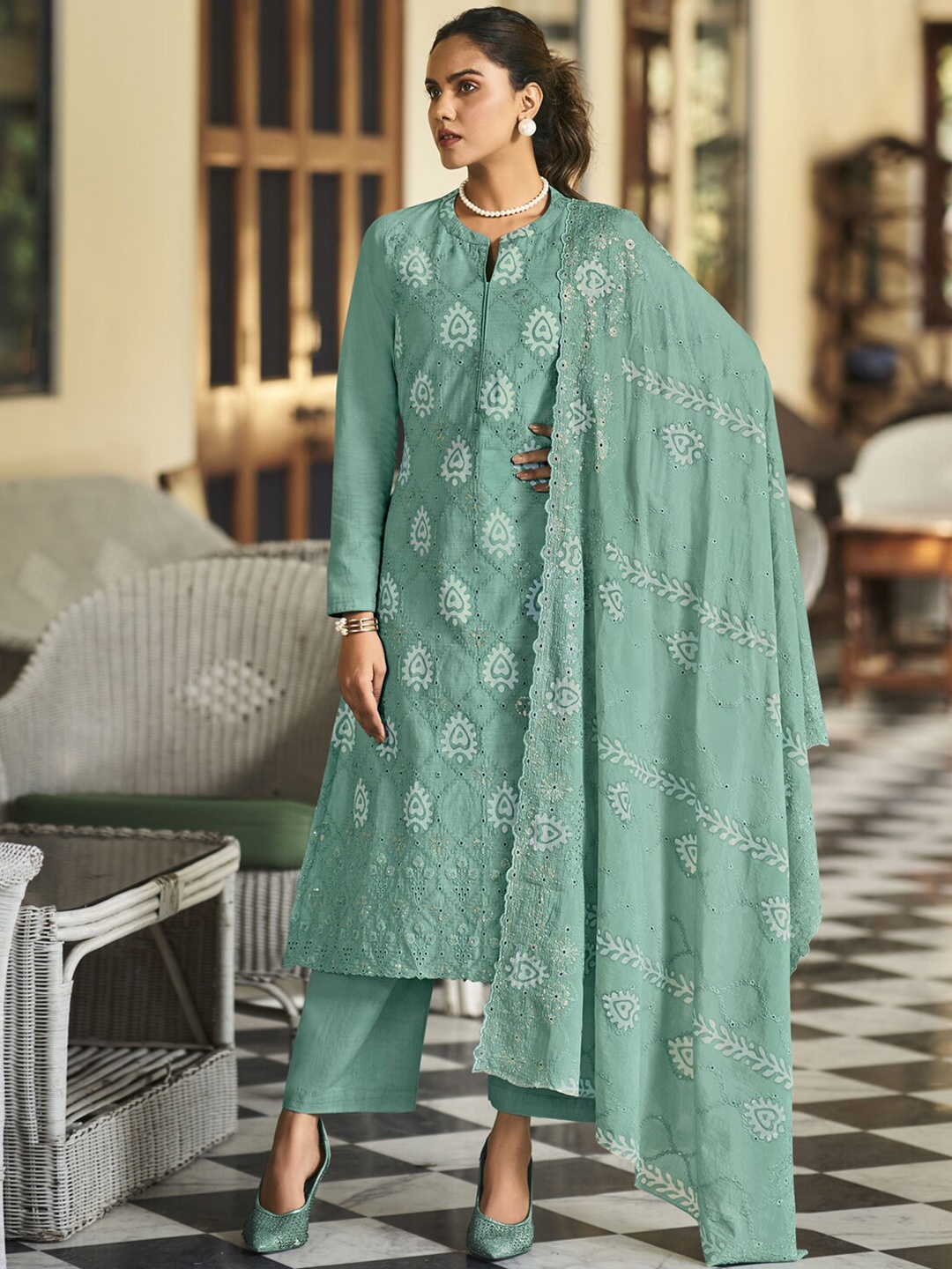 

Stylee LIFESTYLE Embroidered Pure Cotton Unstitched Dress Material, Turquoise blue