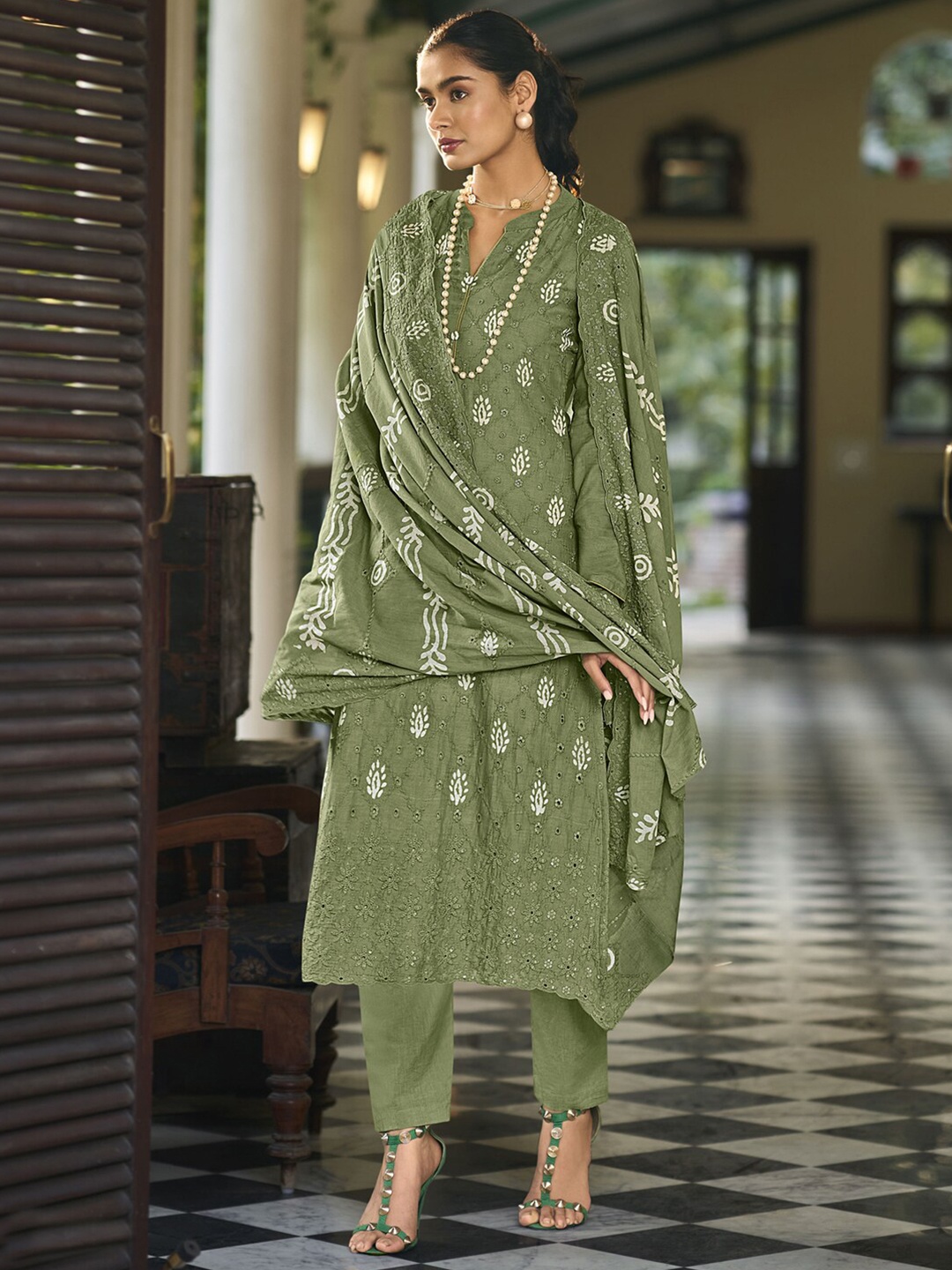 

Stylee LIFESTYLE Embroidered Pure Cotton Unstitched Dress Material, Olive