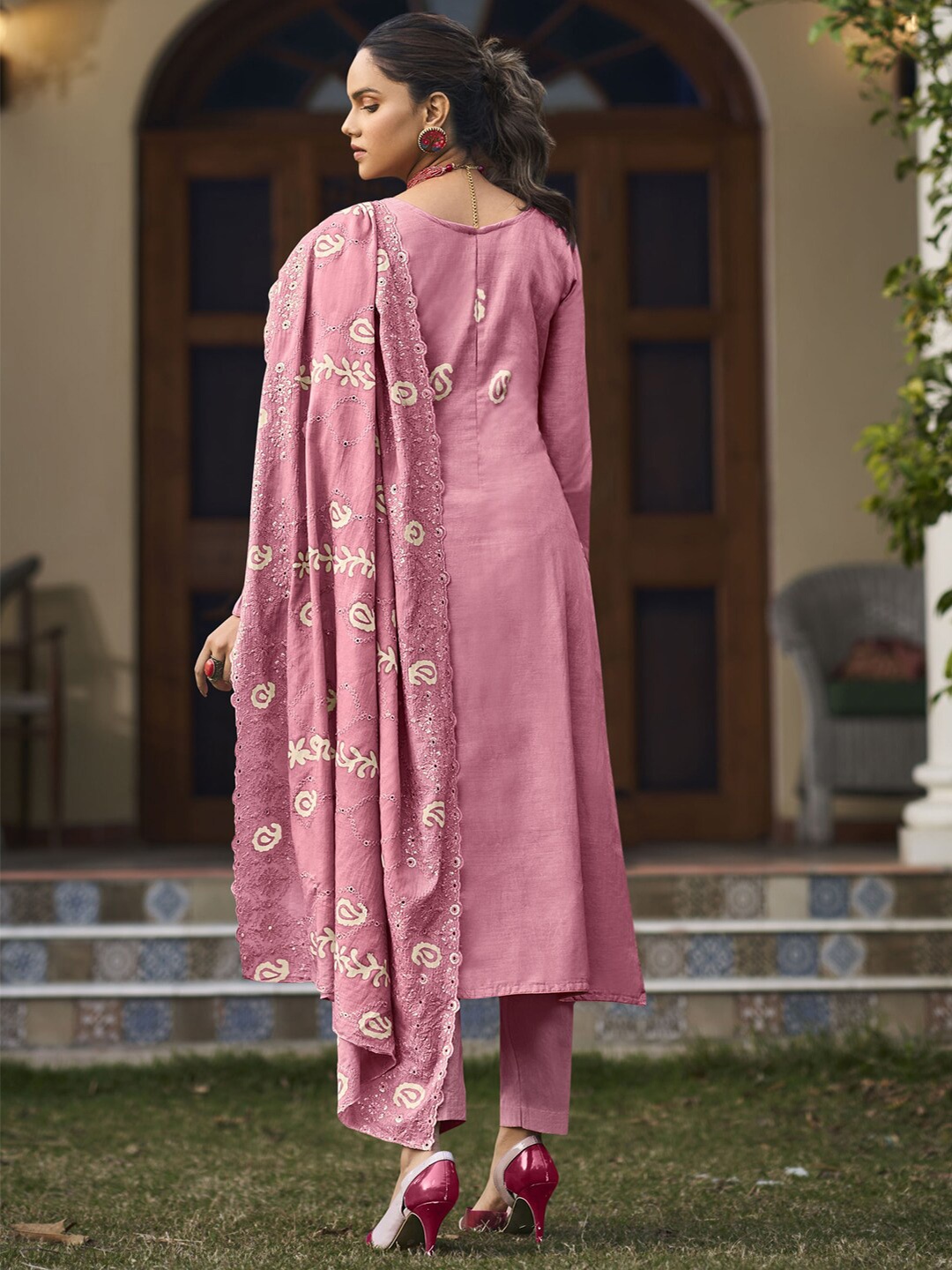 

Stylee LIFESTYLE Embroidered Pure Cotton Unstitched Dress Material, Pink