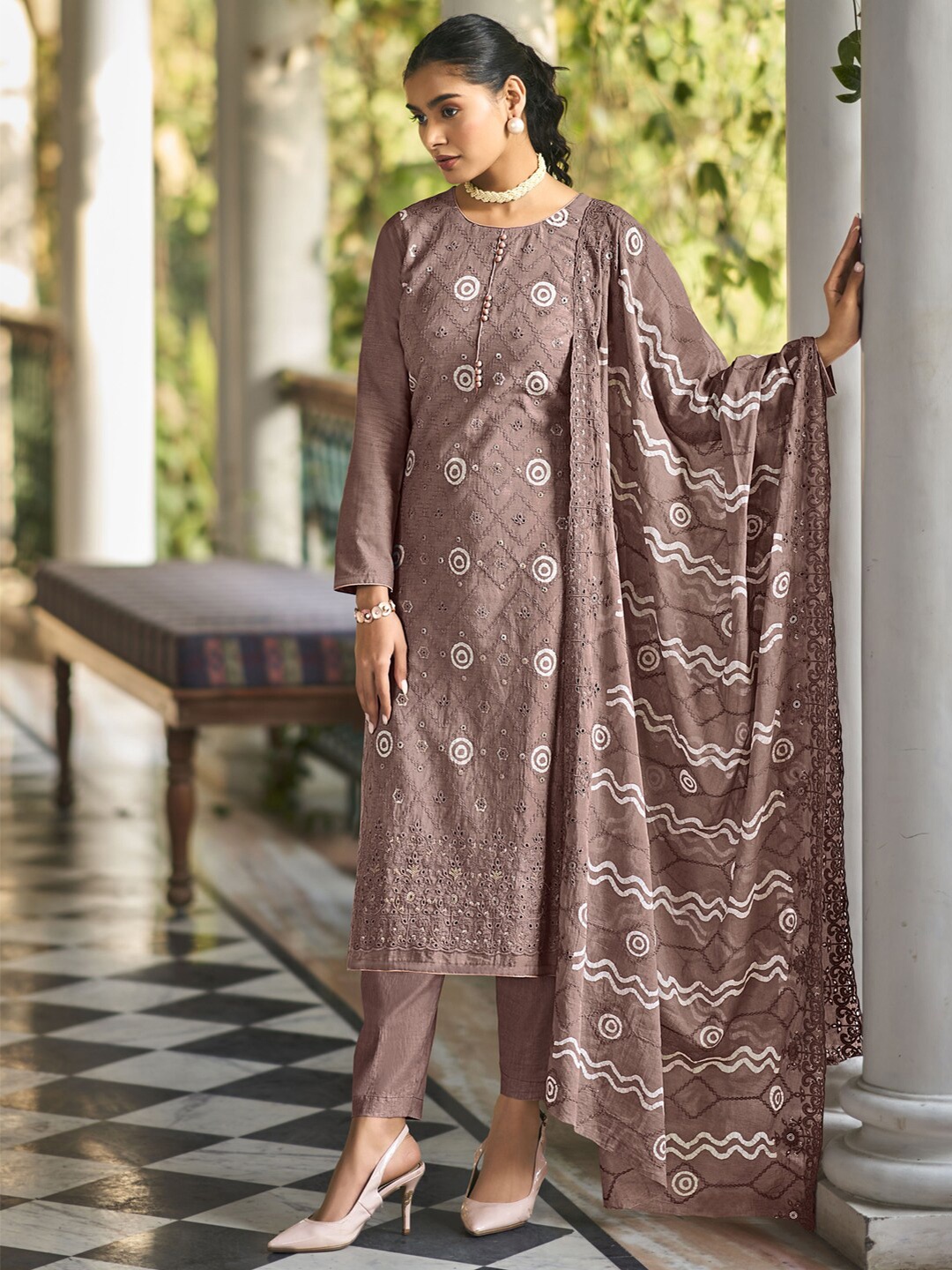 

Stylee LIFESTYLE Embroidered Pure Cotton Unstitched Dress Material, Brown