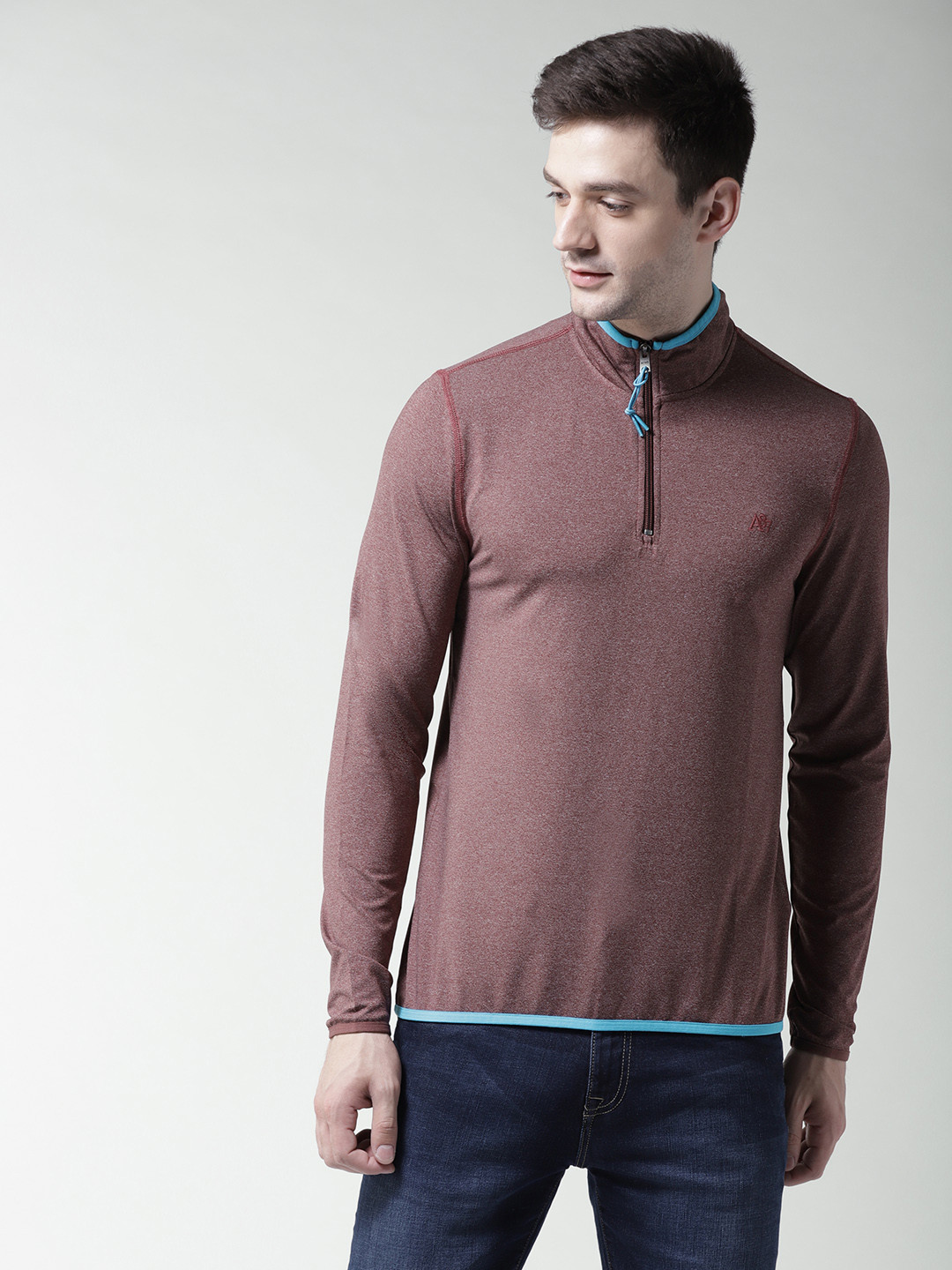 

Aeropostale Men Burgundy Solid High Neck T-shirt