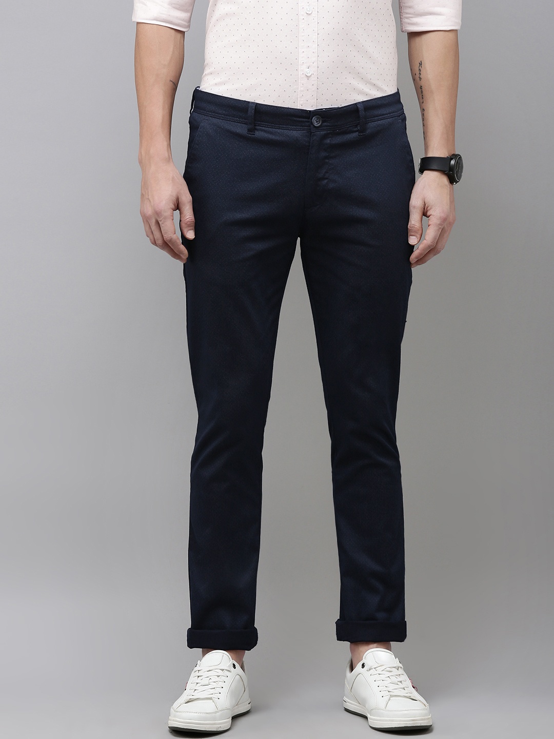 

V Dot Men Slim Fit Trousers, Navy blue