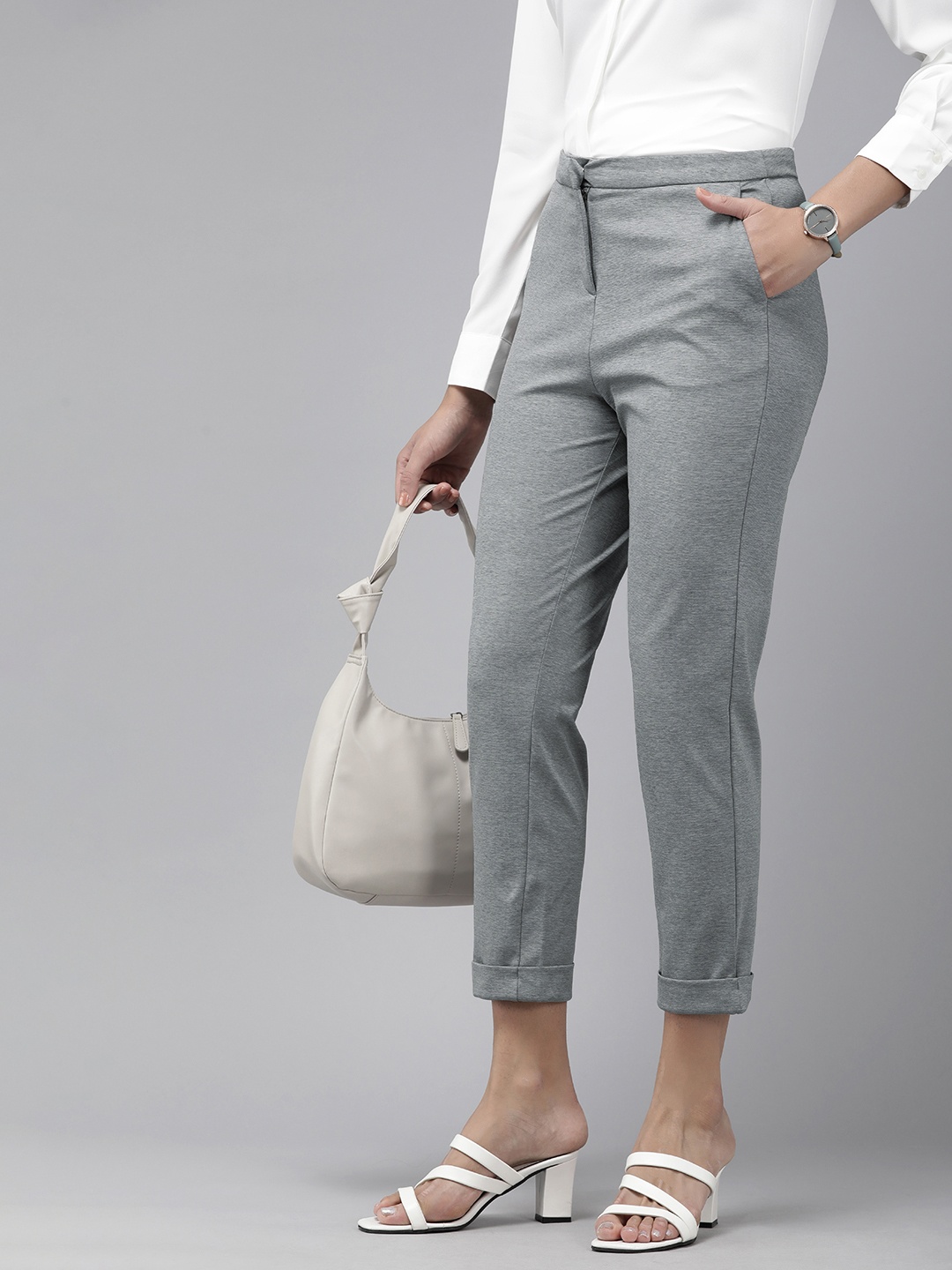 

Van Heusen Woman Solid Slim Fit Trousers, Grey