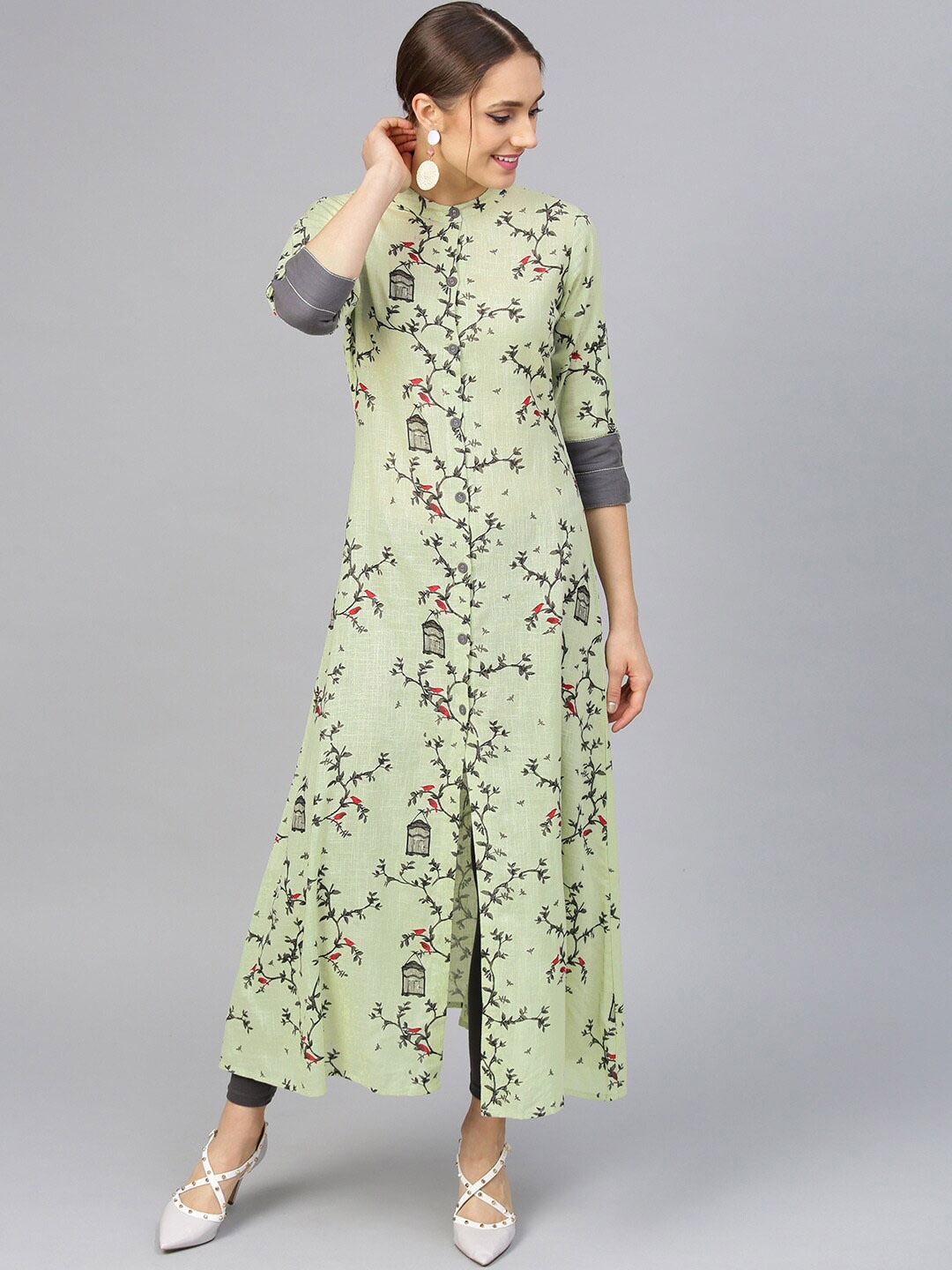 Idalia Mandarin Collar Floral Printed Pure Cotton A-Line Kurta, Green
