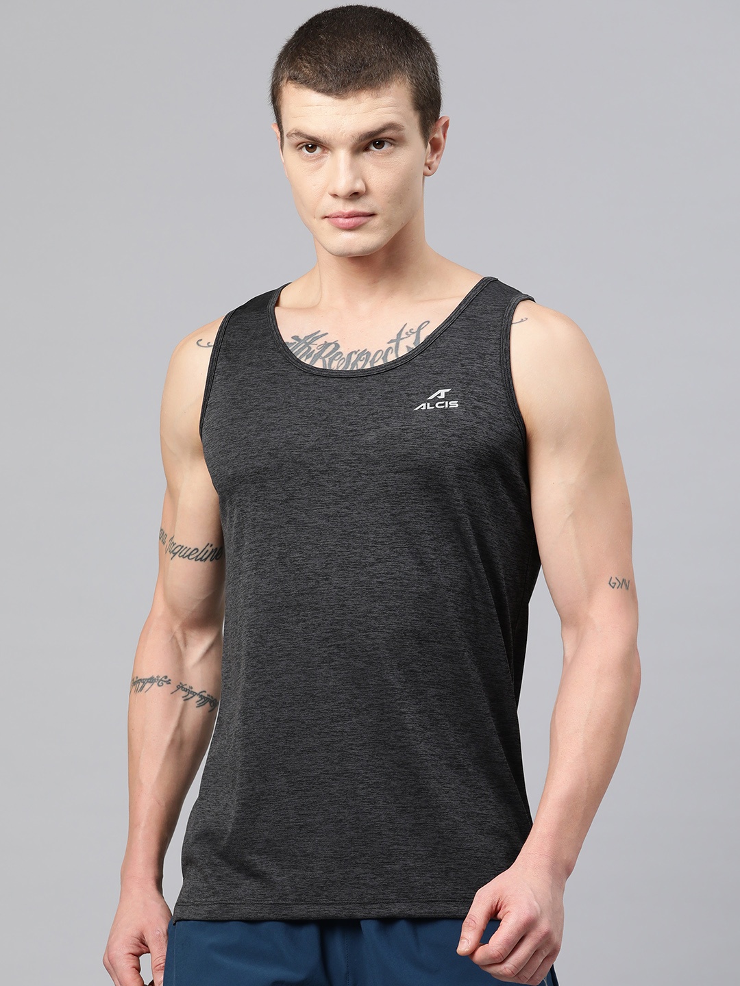 Alcis Men Brand Logo Printed Anti Static Slim Fit T-shirt, Charcoal