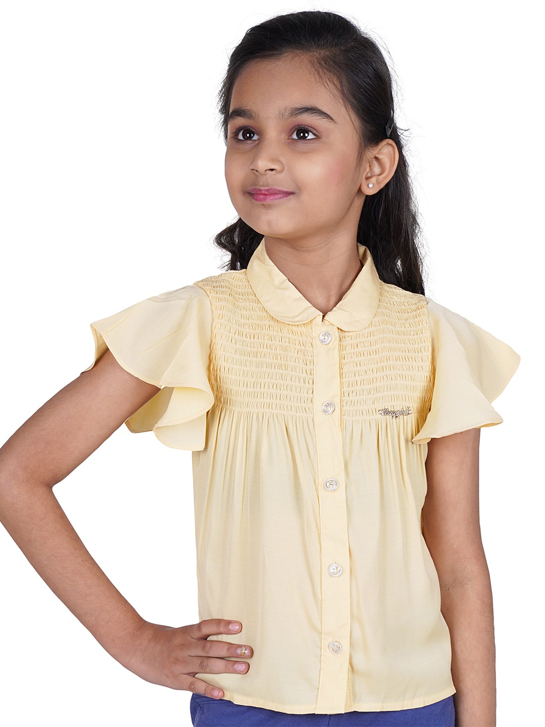 

Tiny Girl Flutter Sleeve Smocked Shirt Style Top, Yellow