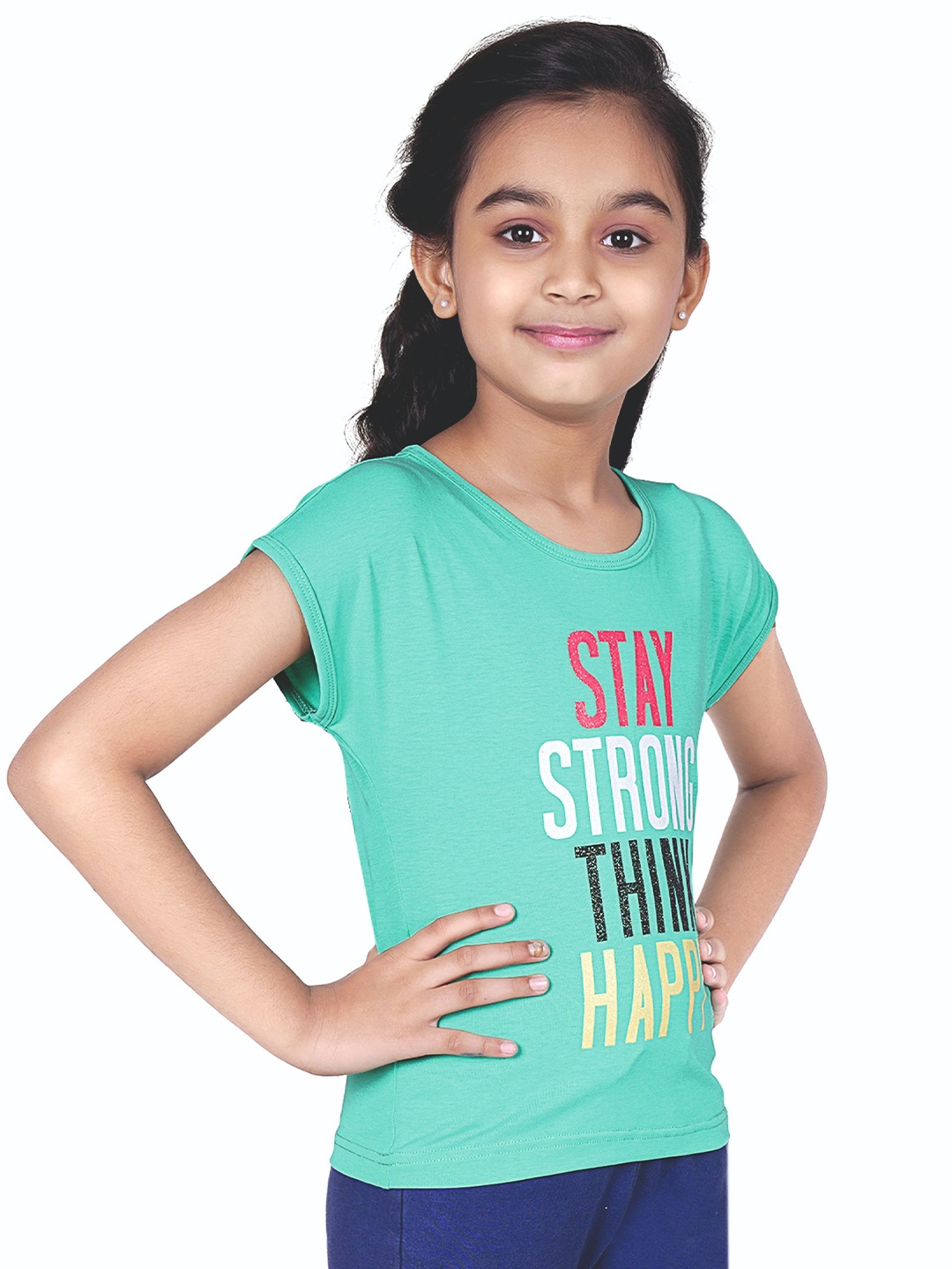 

Tiny Girl Typography Printed Extended Sleeves Cotton Top, Green