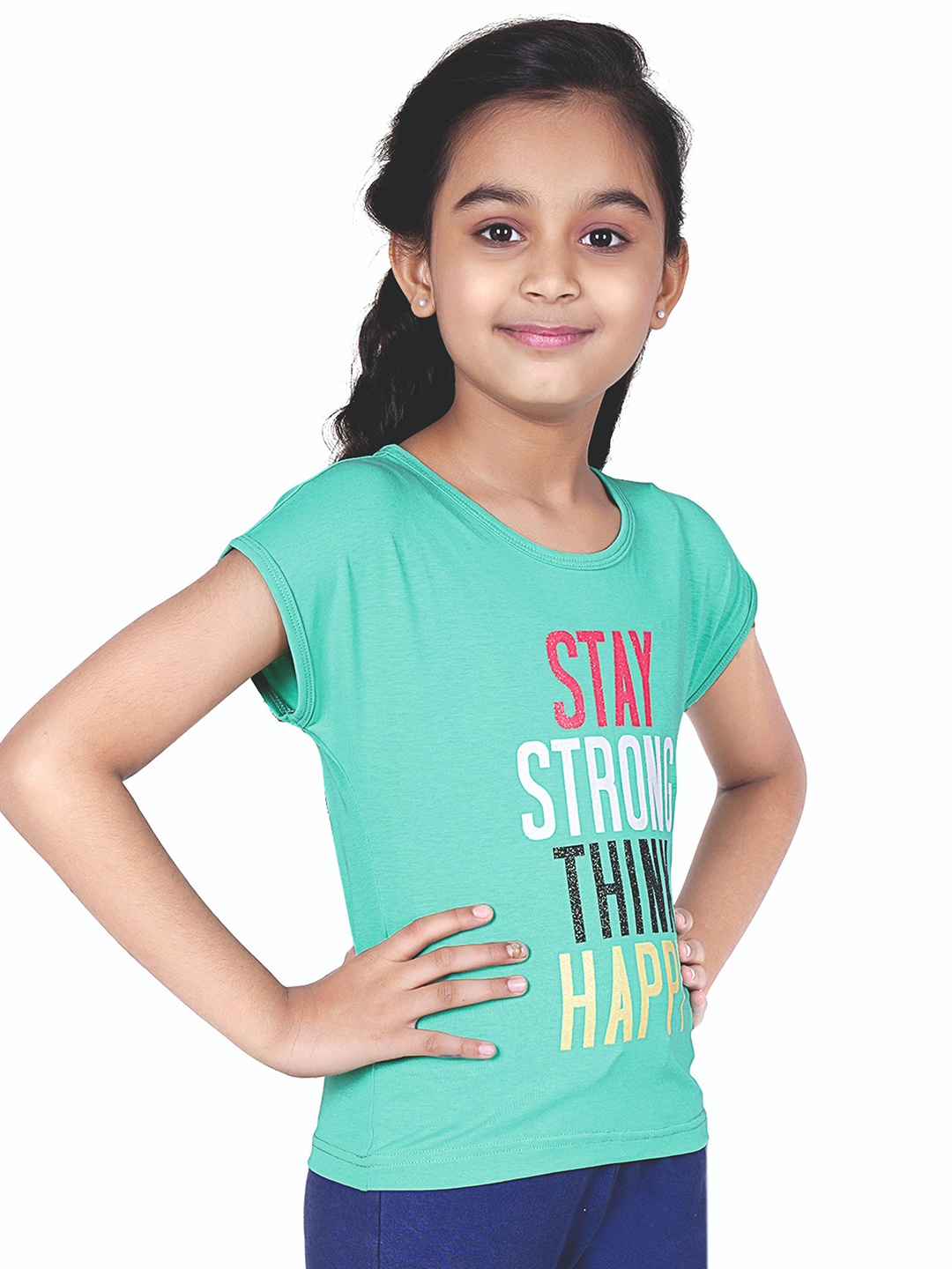 

Tiny Girl Typography Printed Extended Sleeves Cotton Top, Green
