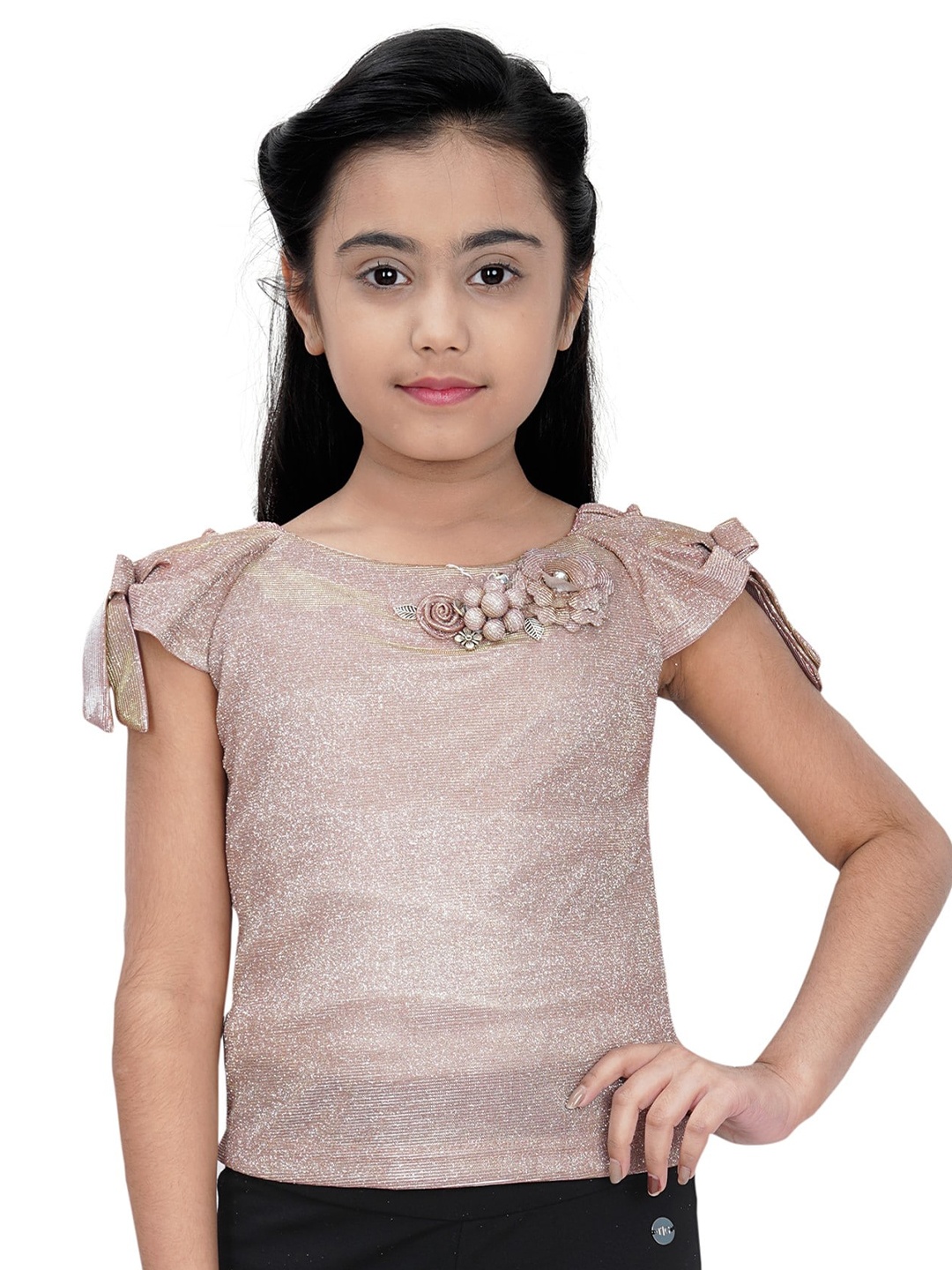 

Tiny Girl Self Design Tie Up Cap Sleeves Tie Ups Top, Peach