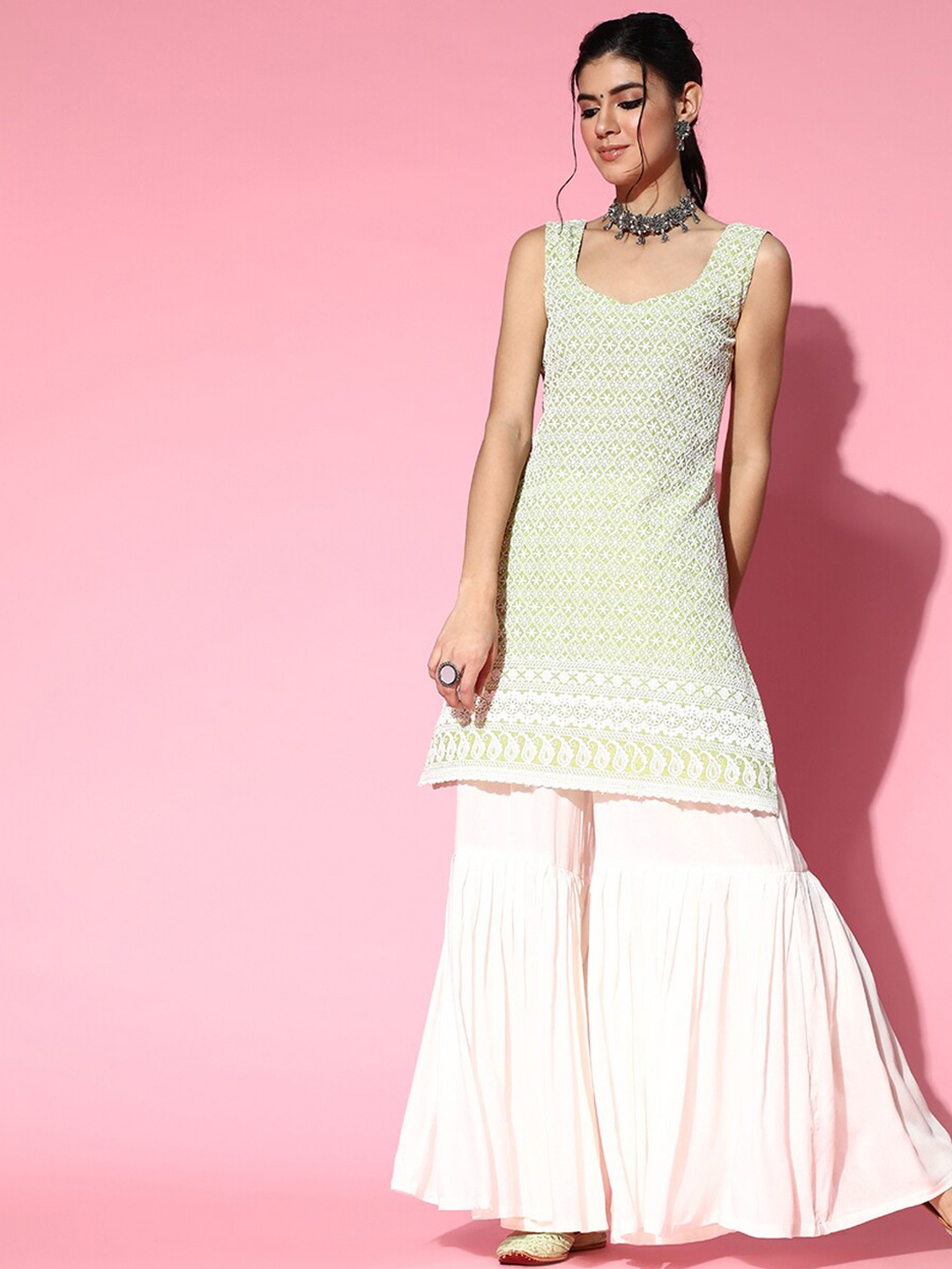 

InWeave Sea Green & White Embroidered Sweetheart Neck Pure Cotton Kurti With Sharara