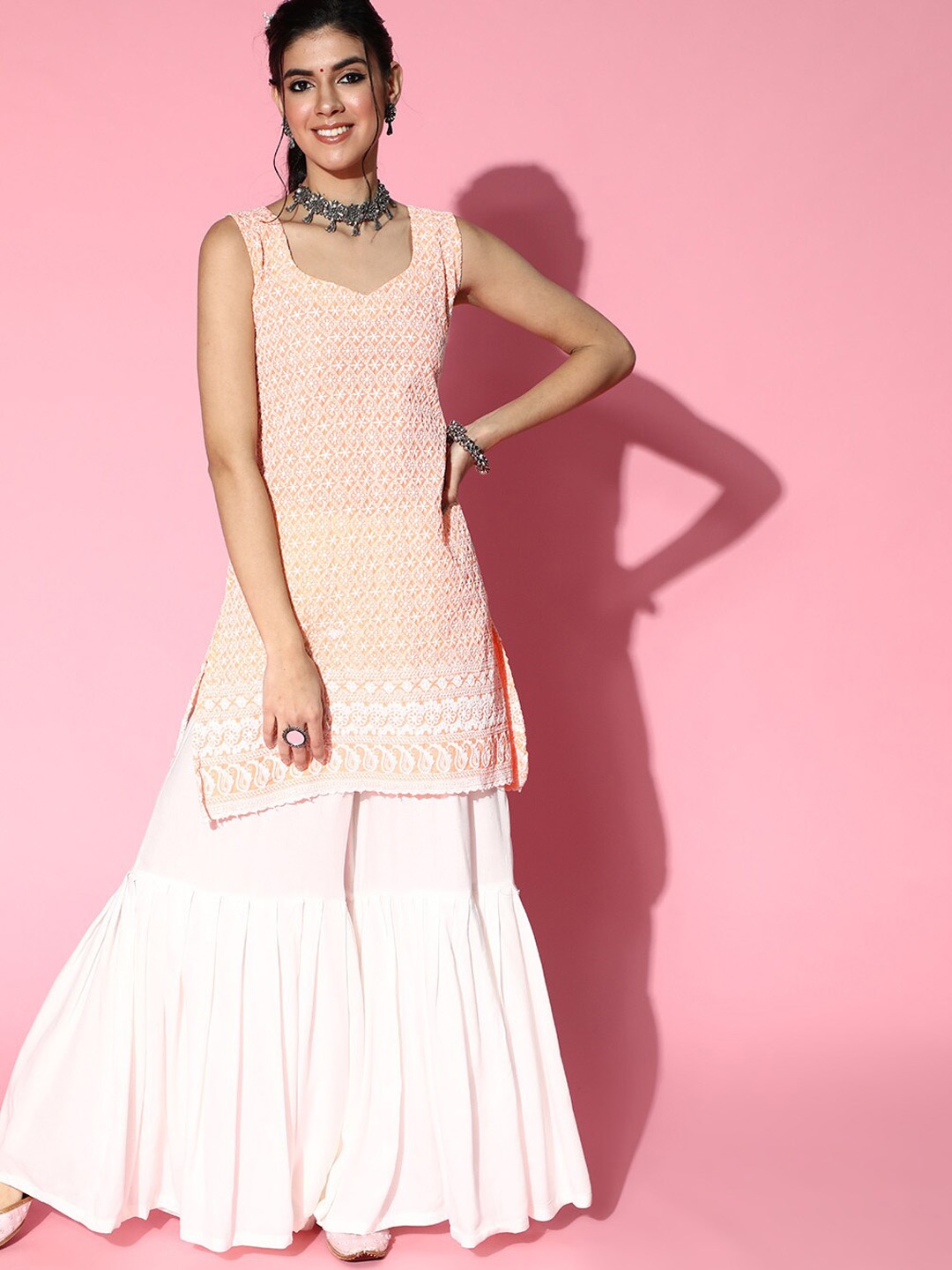 

InWeave Peach-Coloured & White Embroidered Sweetheart Neck Pure Cotton Kurti With Sharara