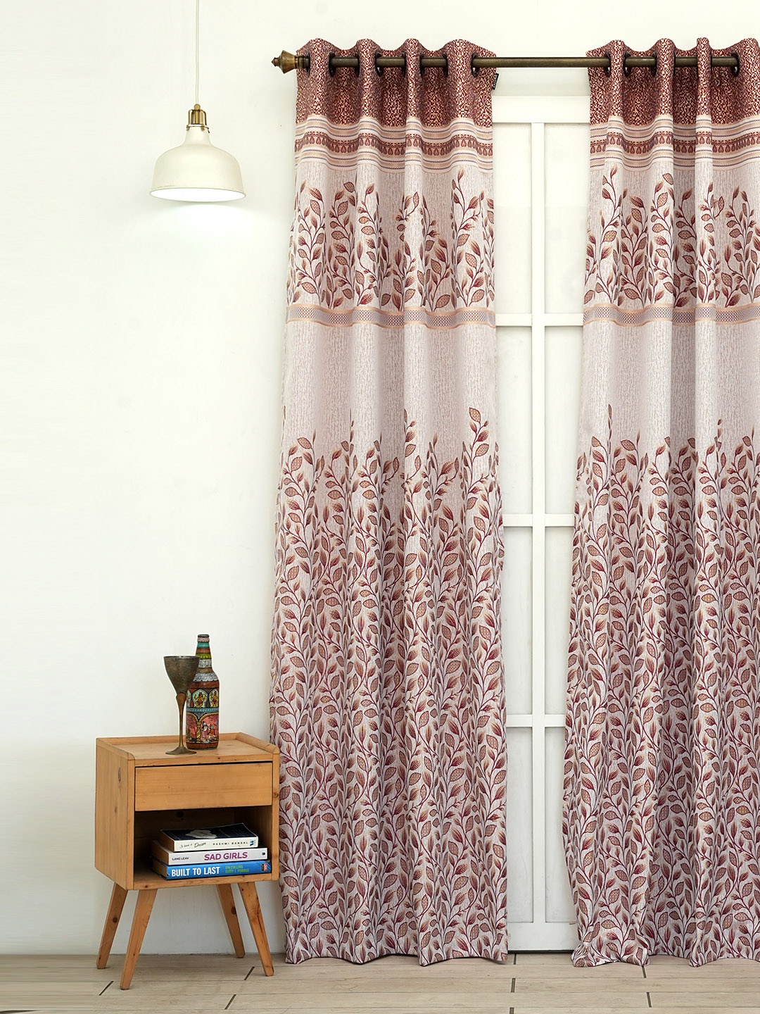 

Ariana Maroon & White Damask Leaf Panel Floral Room Darkening Long Door Curtain