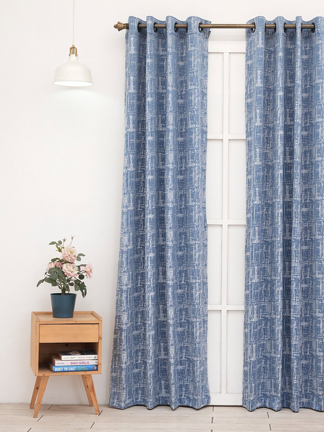 

Ariana Blue &White 1-Pieces Firebell Self-Textured Room Darkening Long Door Curtain