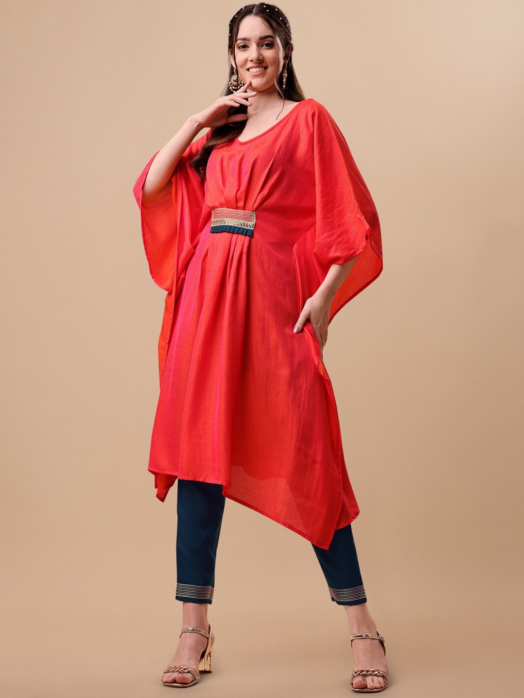 

HERE&NOW Pink & Navy Blue Ethnic Motifs Self Design Kaftan Kurta with Trousers