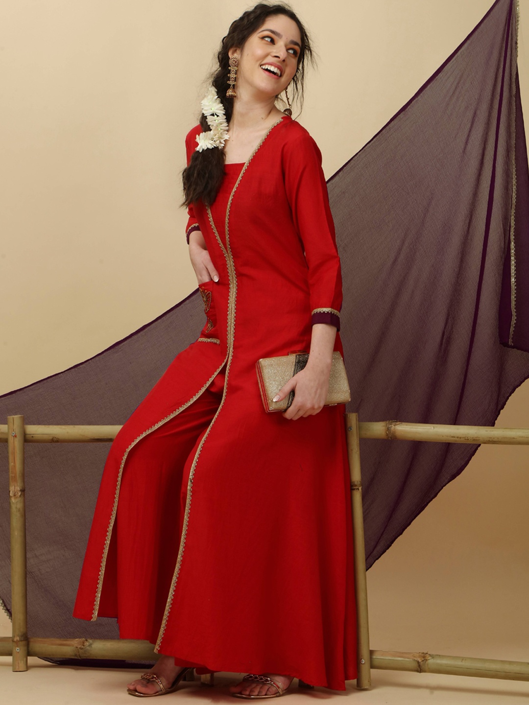 

HERE&NOW Red & Purple Embroidered High Slit Kurta with Palazzos & Dupatta