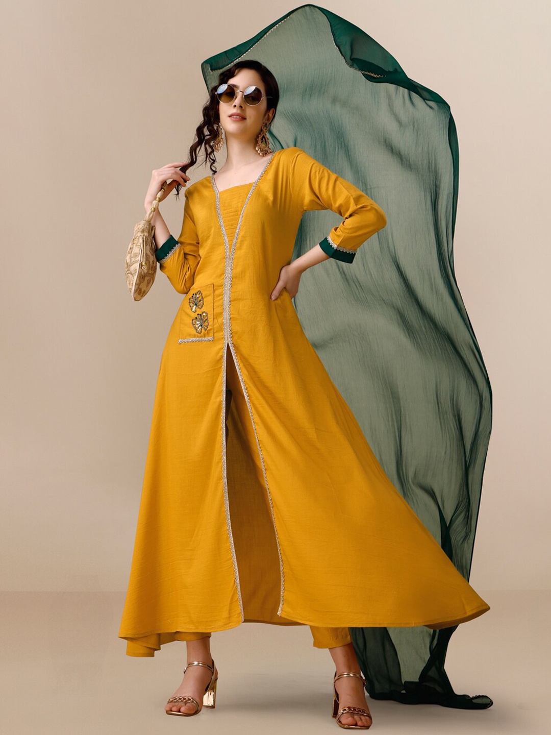 

HERE&NOW Mustard Yellow & Green Embroidered High Slit Kurta with Trousers & Dupatta