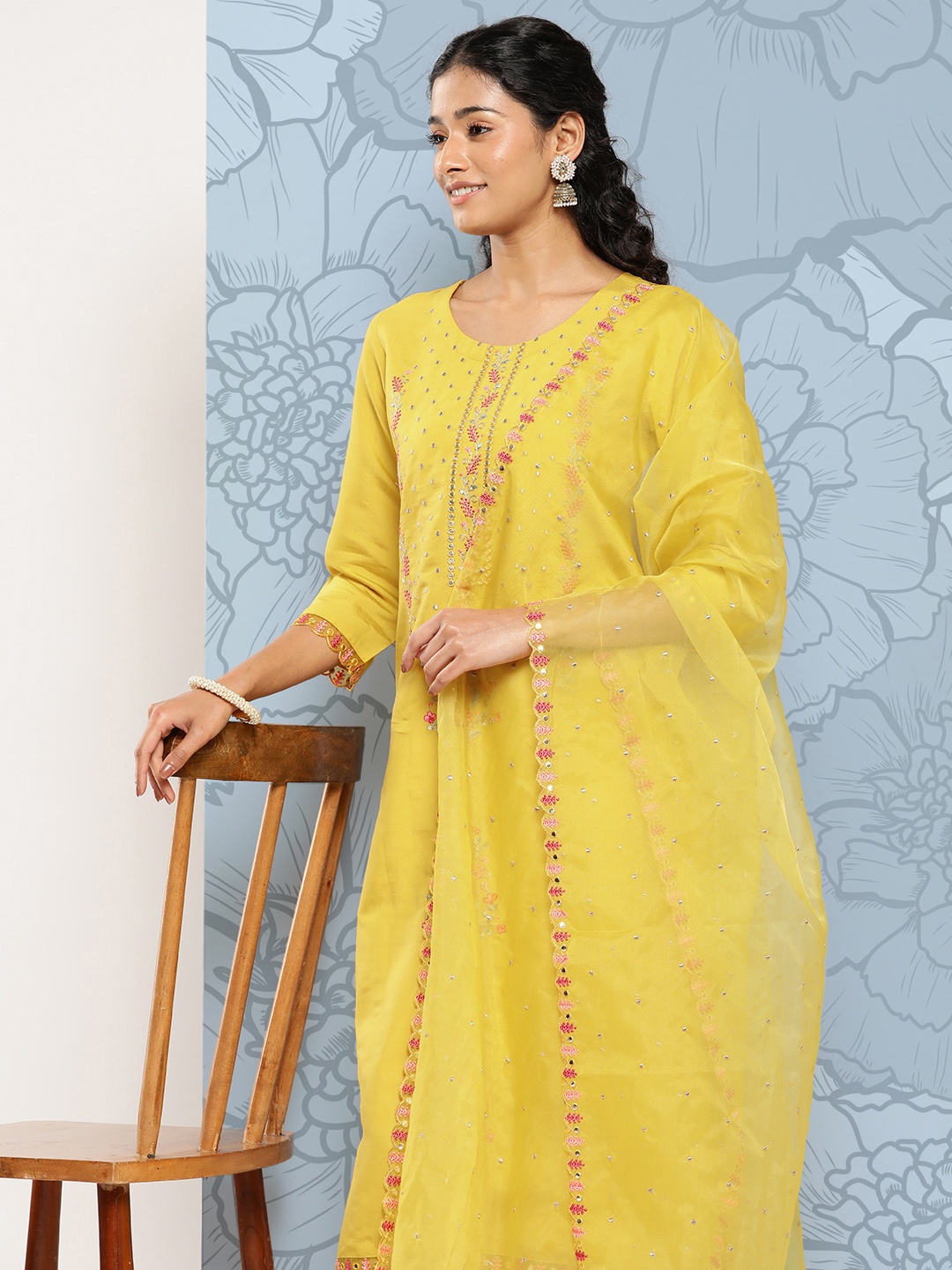 

Varanga Embroidered Regular Thread Work Kurta with Trousers & With Dupatta, Yellow