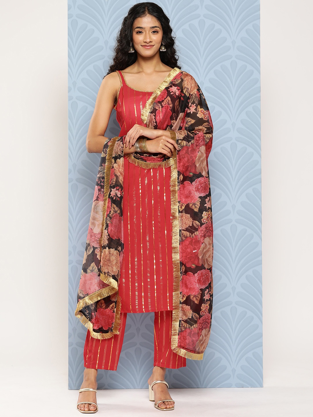 

Varanga Striped Regular Pure Cotton Kurta with Trousers & With Dupatta, Red
