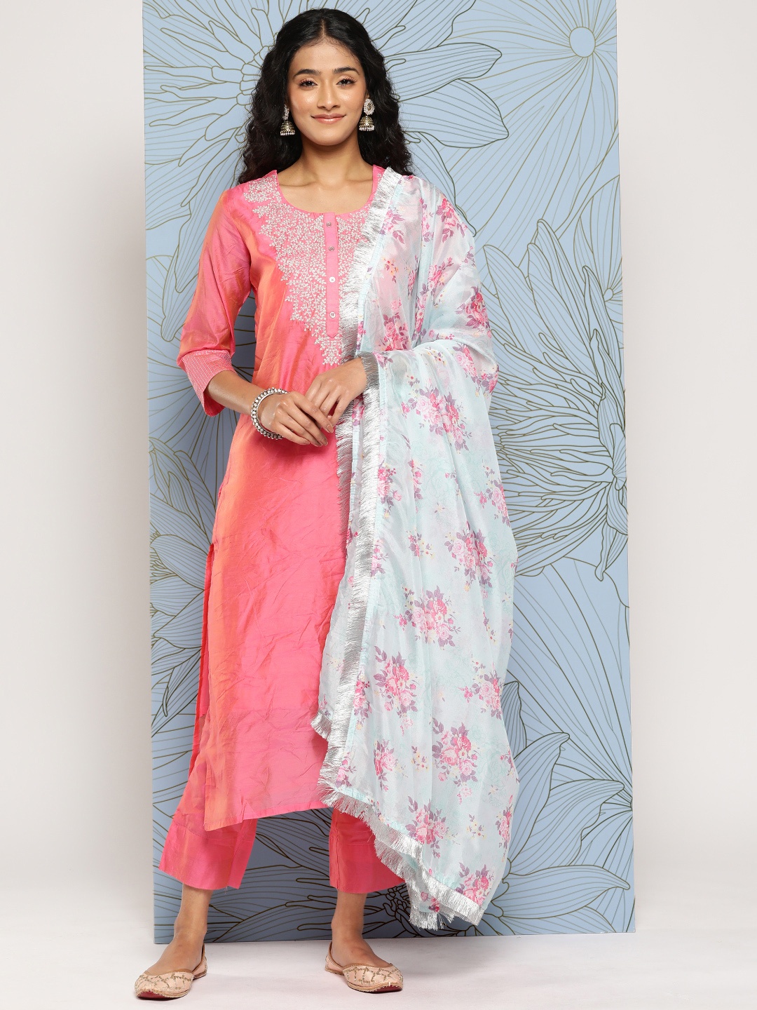 

Varanga Yoke Design Regular Sequinned Chanderi Silk Kurta with Trousers & With Dupatta, Pink