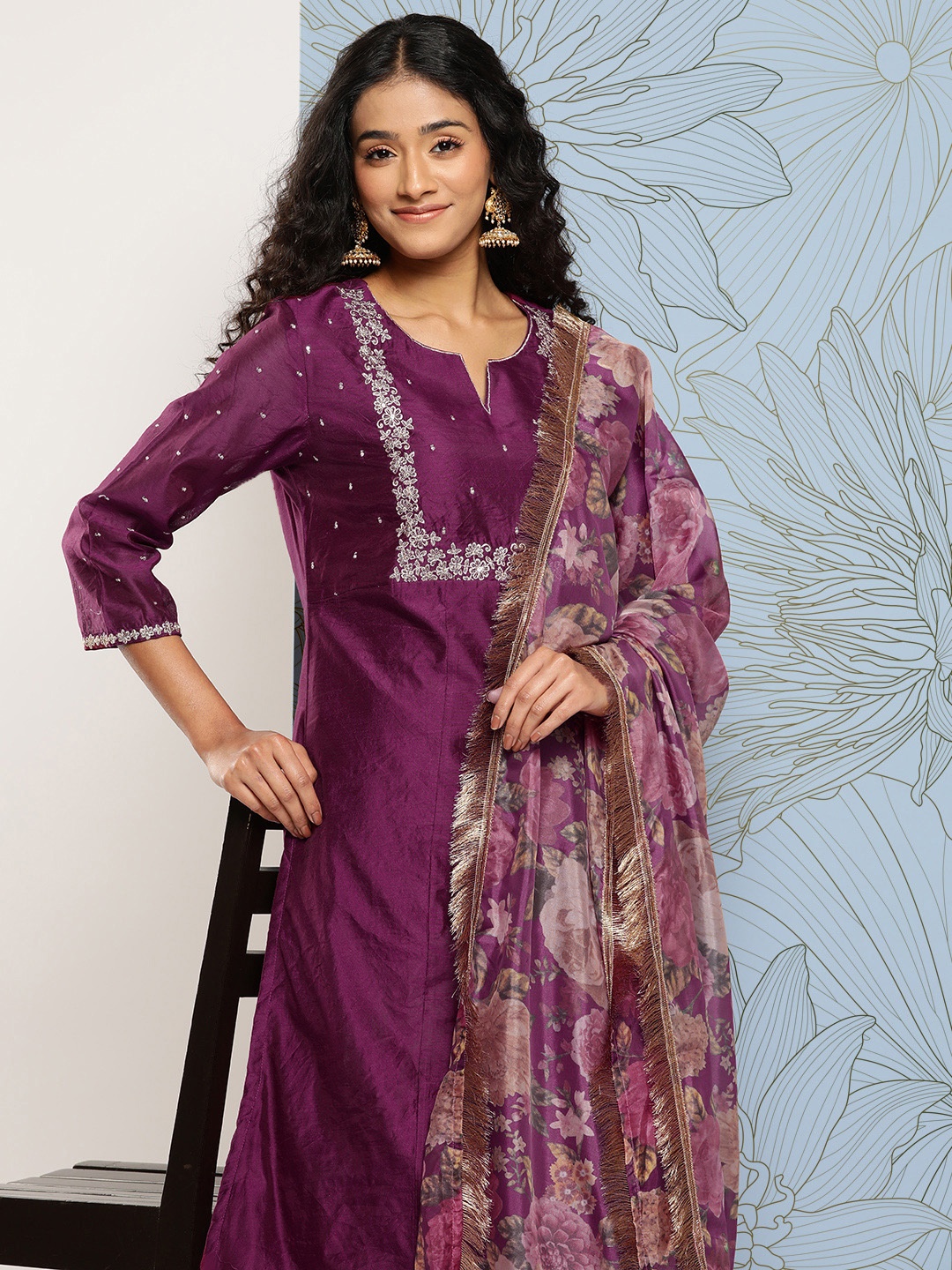 

Varanga Yoke Design Regular Chanderi Silk Kurta with Trousers & With Dupatta, Purple