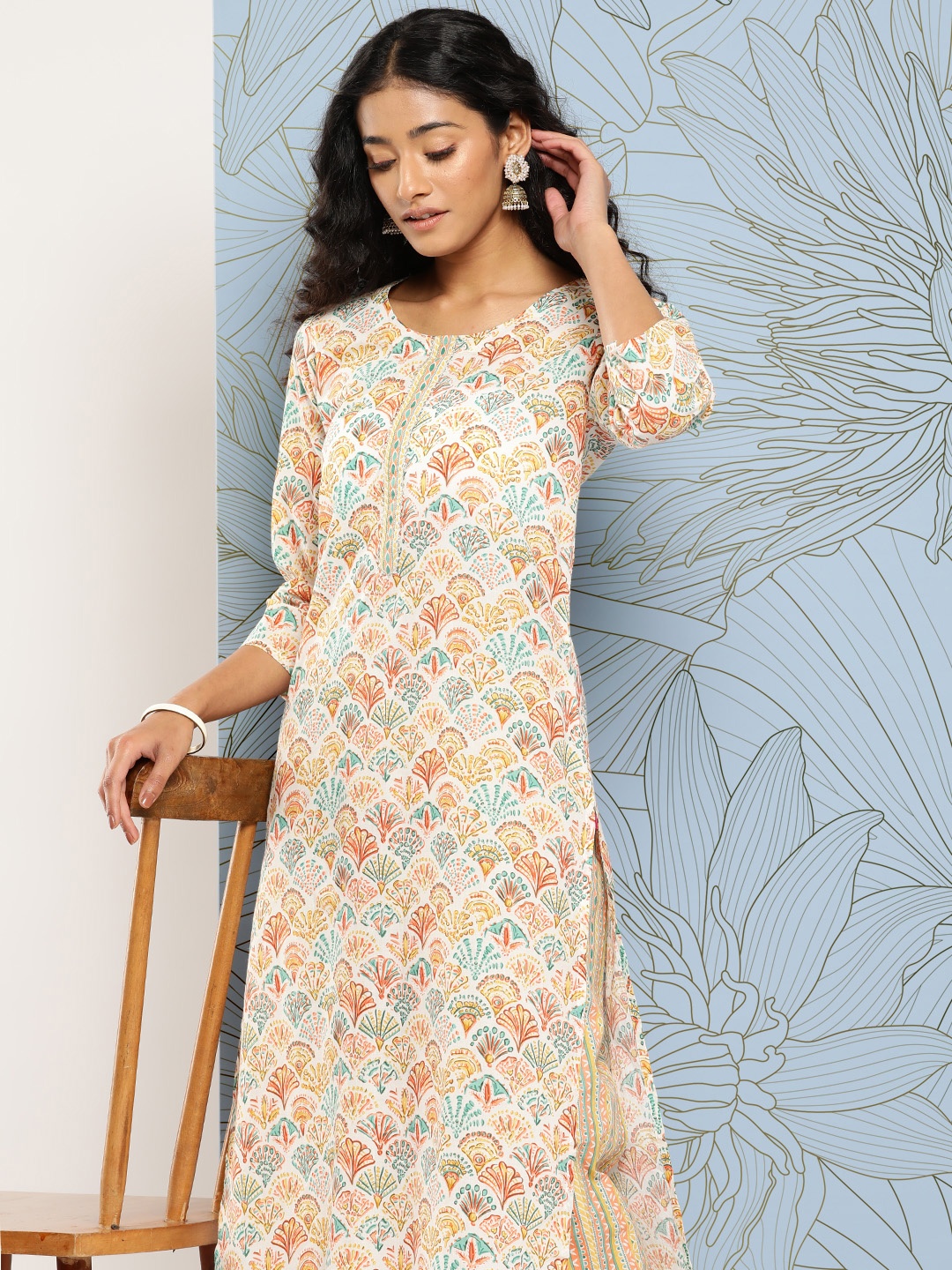 

Varanga Printed Regular Pure Cotton Kurta with Trousers, Cream