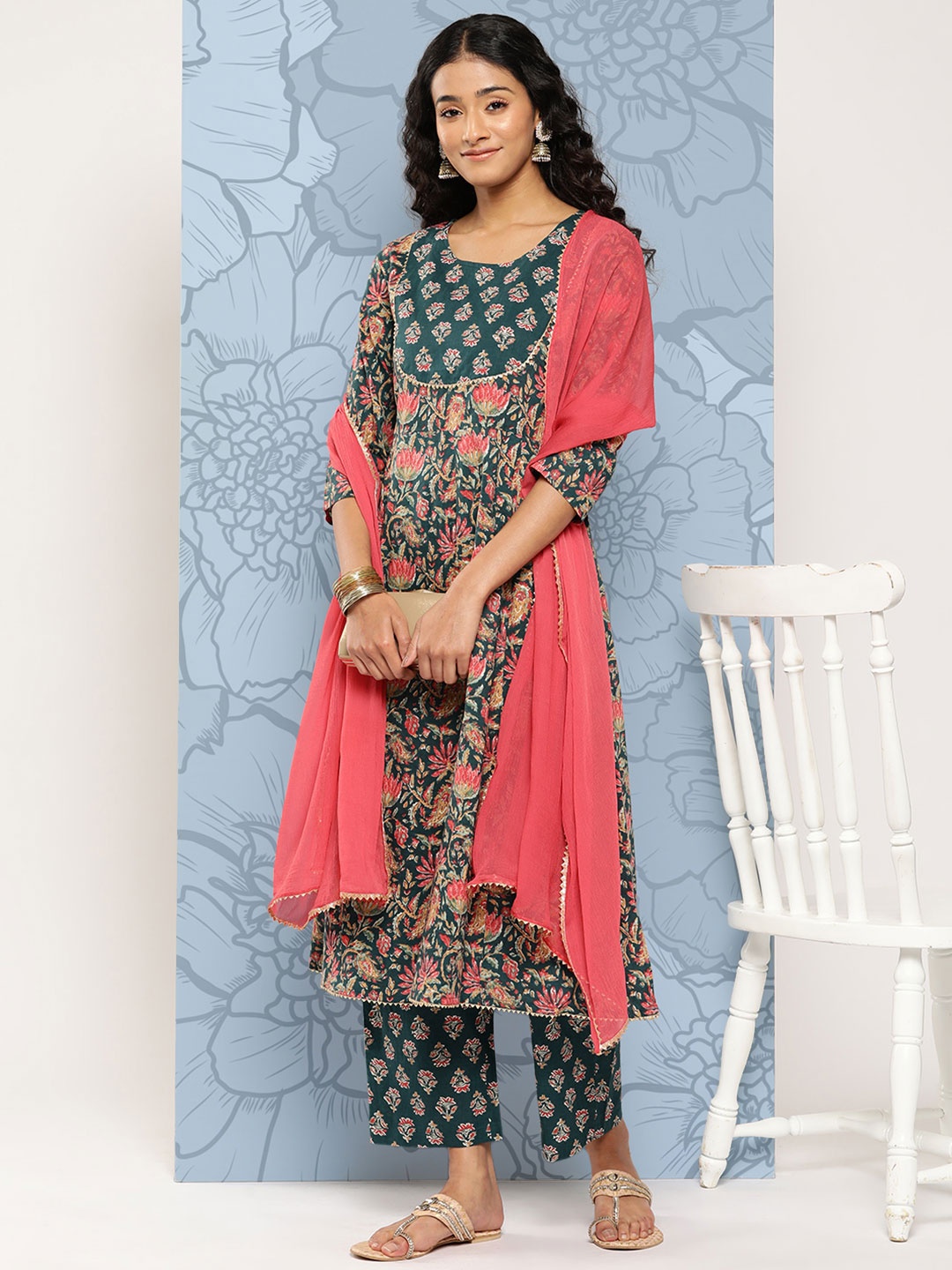 

Varanga Floral Printed Empire Gotta Patti Pure Cotton Kurta with Trousers & With Dupatta, Teal