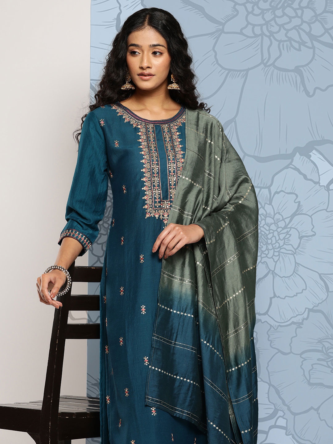 

Varanga Ethnic Motifs Embroidered Regular Thread Work Kurta with Sharara & With Dupatta, Blue