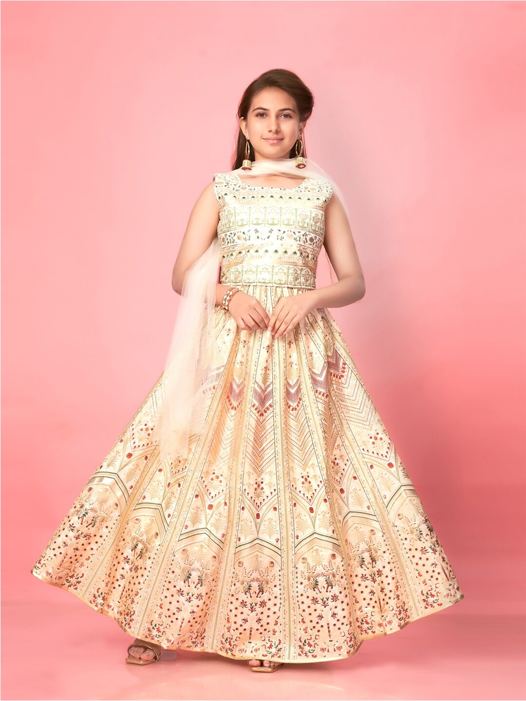 

Muhuratam Girls Printed Ready to Wear Silk Lehenga Set, Cream