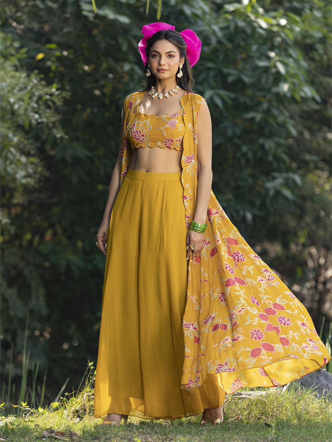 

SCAKHI Embroidered Crop Top With Skirt And Long Printed Shrug, Mustard