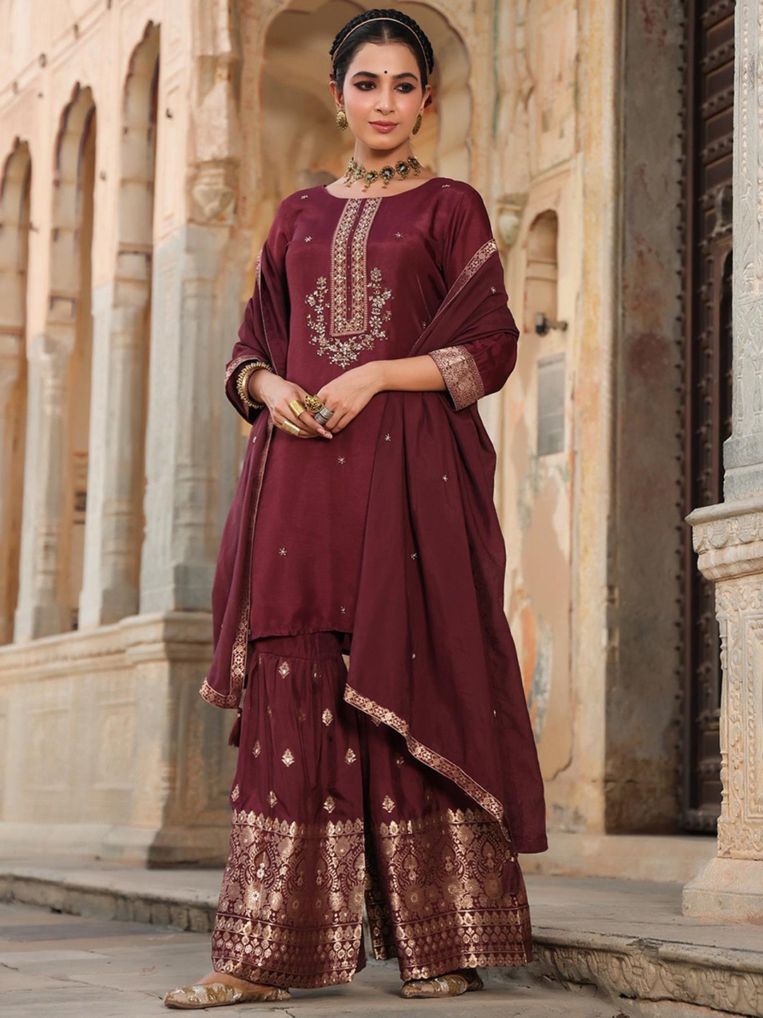

SCAKHI Ethnic Motifs Yoke Design Pure Silk Kurti with Sharara & With Dupatta, Maroon