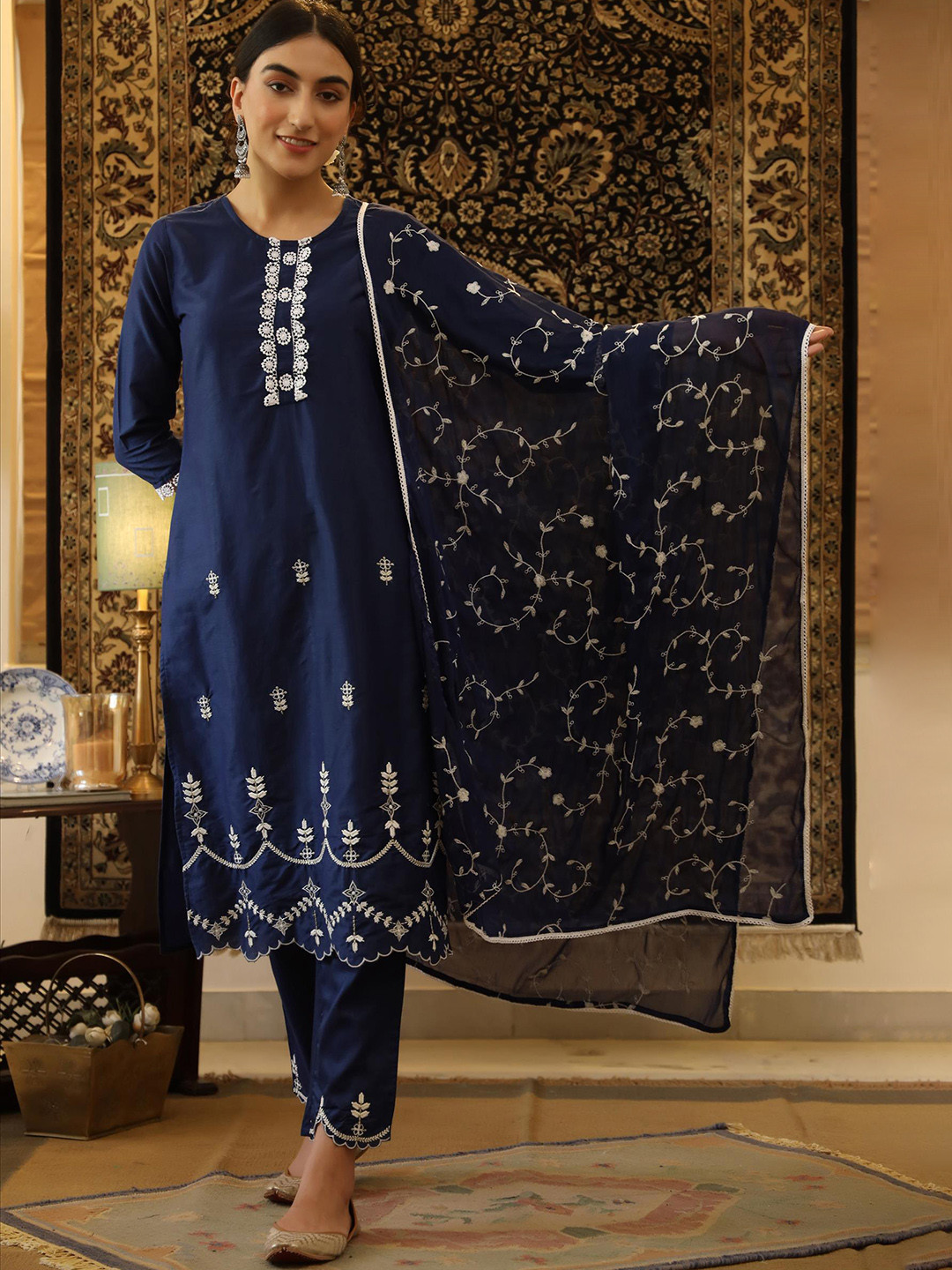 

SCAKHI Ethnic Motifs Embroidered Kurta with Trousers & With Dupatta, Navy blue