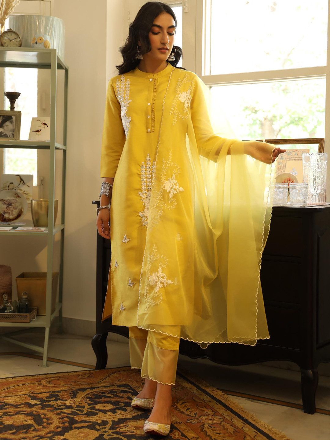 

SCAKHI Embroidered Mandarin Collar Mirror Work Pure Silk Kurta With Palazzos & Dupatta, Mustard