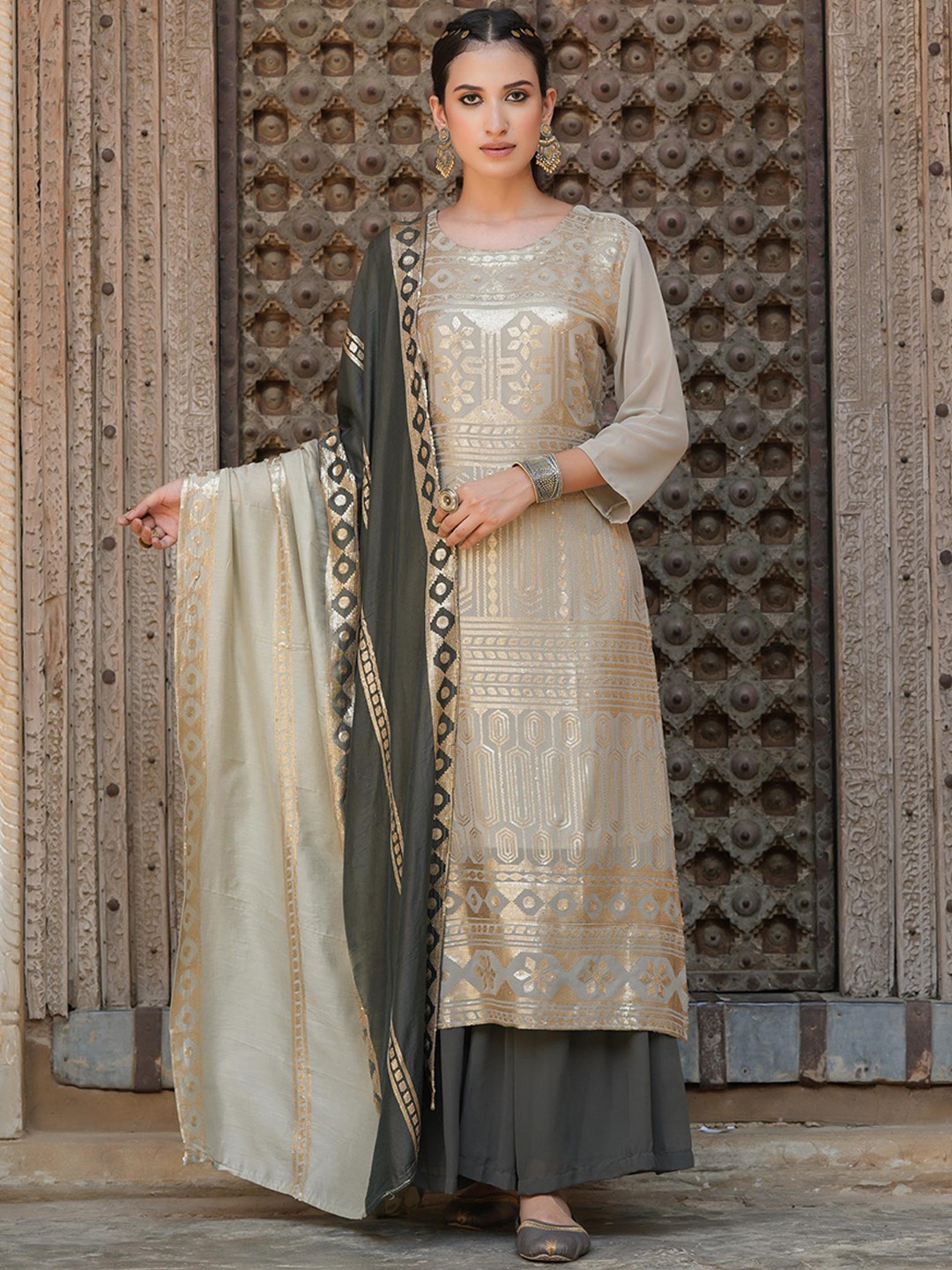 

SCAKHI Ethnic Motif Embroidered Sequinned Kurta With Sharara & Dupatta, Beige
