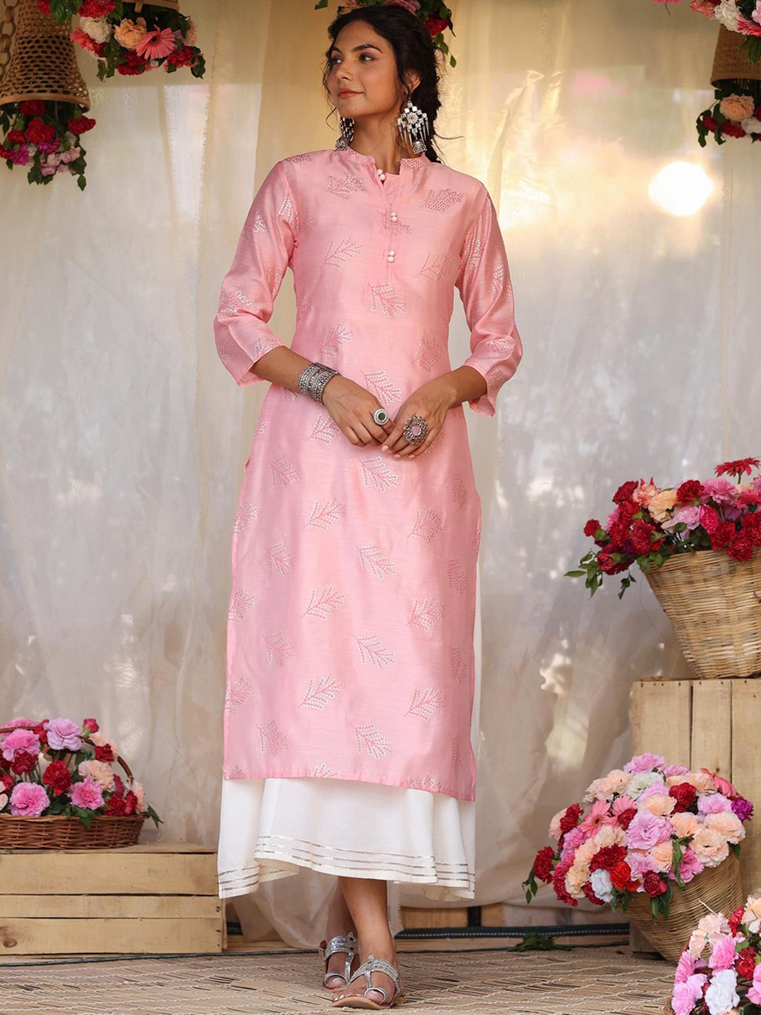 SCAKHI Floral Printed Pastels Chanderi Silk Kurta, Peach