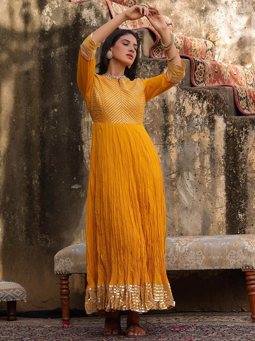 

SCAKHI Striped Yoke Design Maxi Ethnic Dress, Yellow