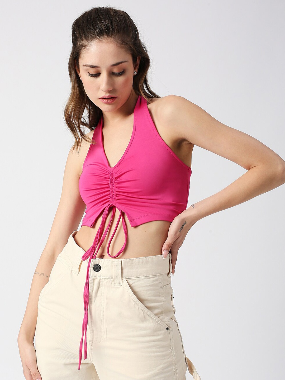 

Disrupt Halter Neck Slim Fit Ruched Crop Top, Pink