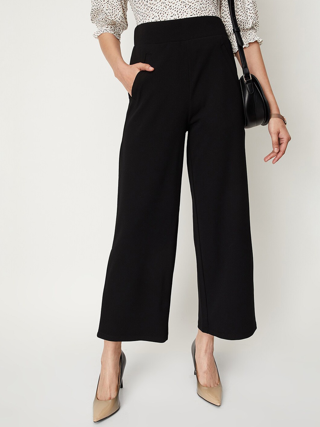 

max Women High-Rise Plain Parallel Trousers, Black
