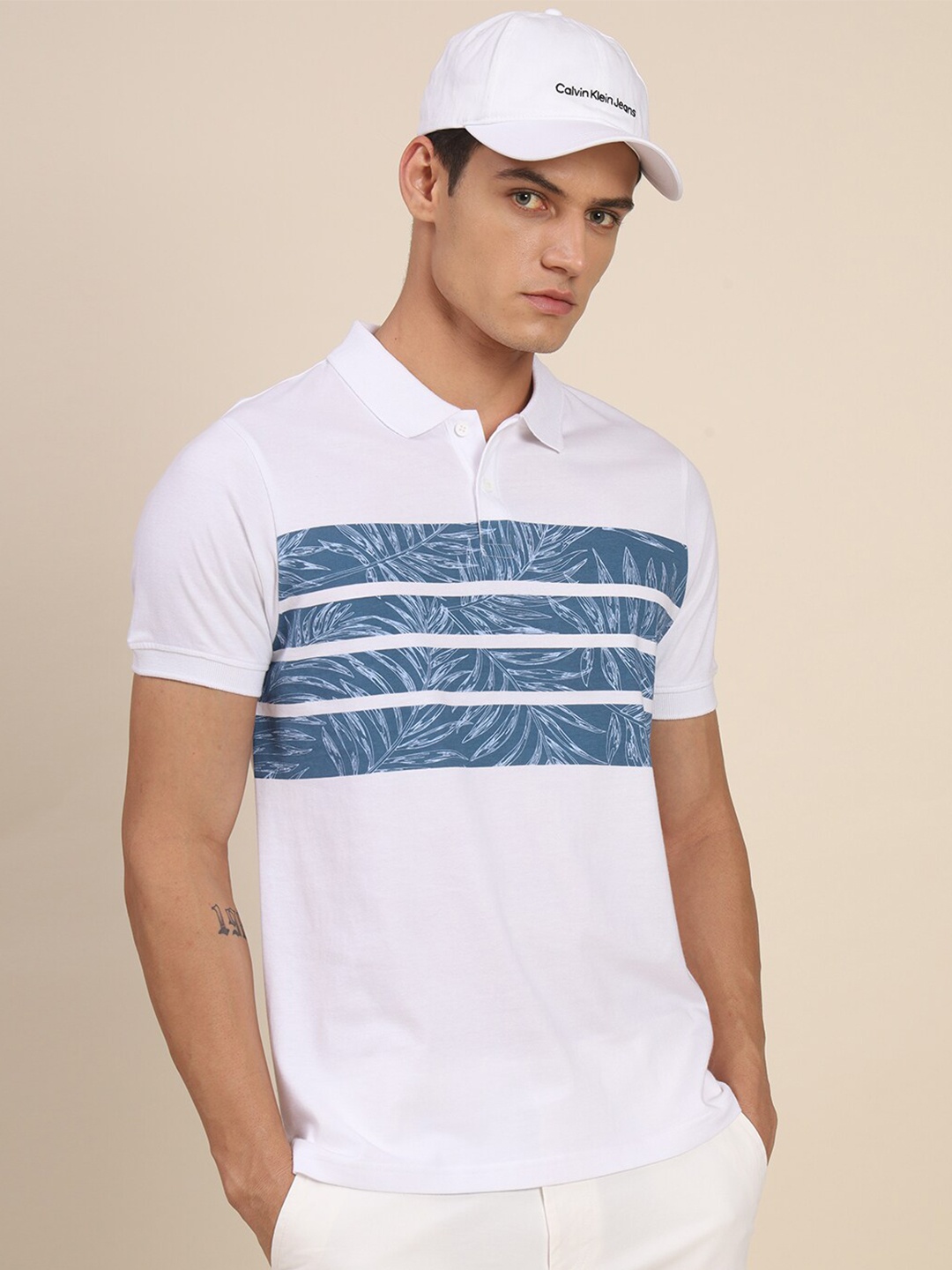 

Dennis Lingo Striped & Tropical Print Polo Collar Regular Fit T-shirt, White