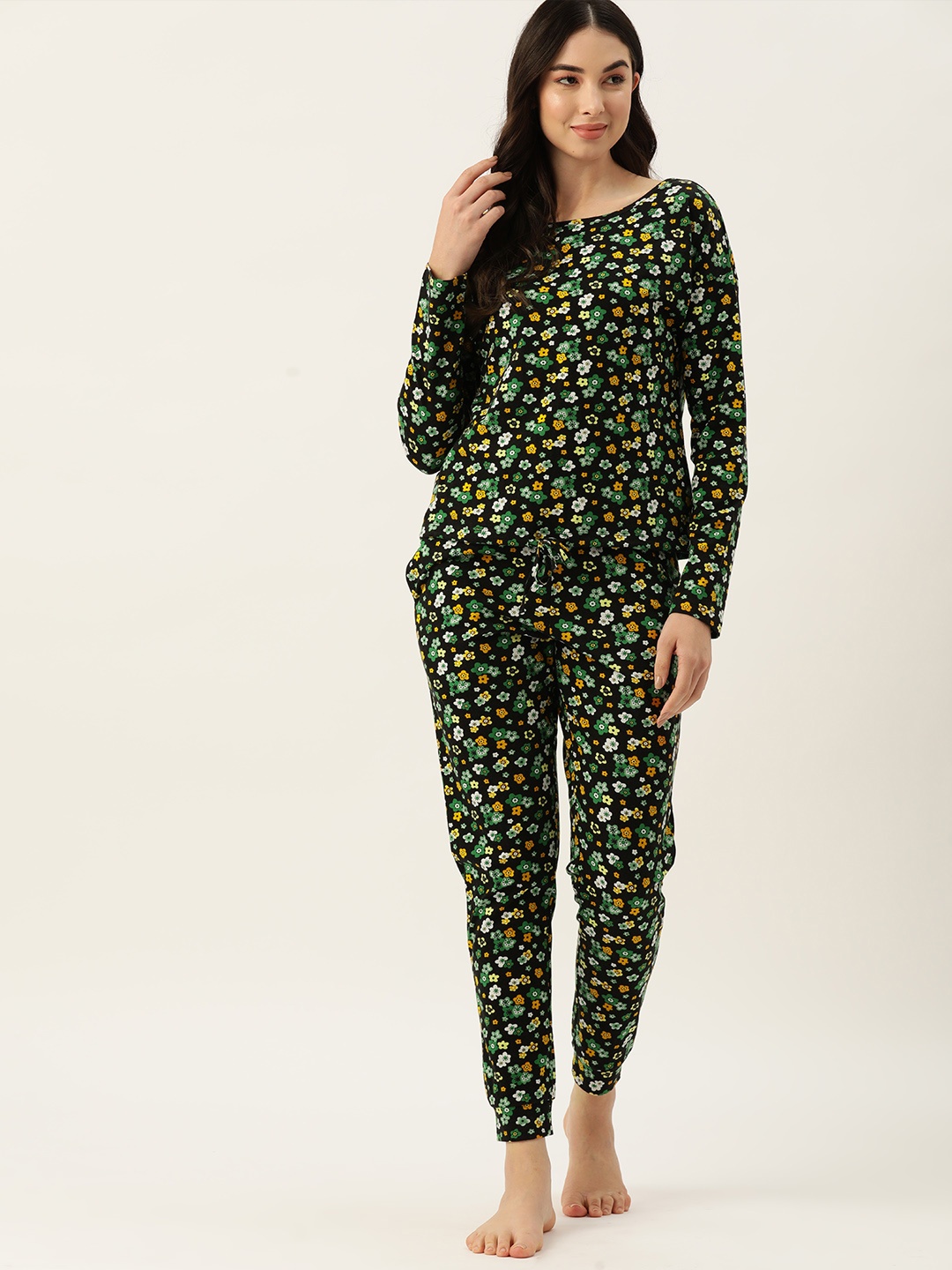 

ETC Women Floral Printed Pure Cotton Night suit, Green