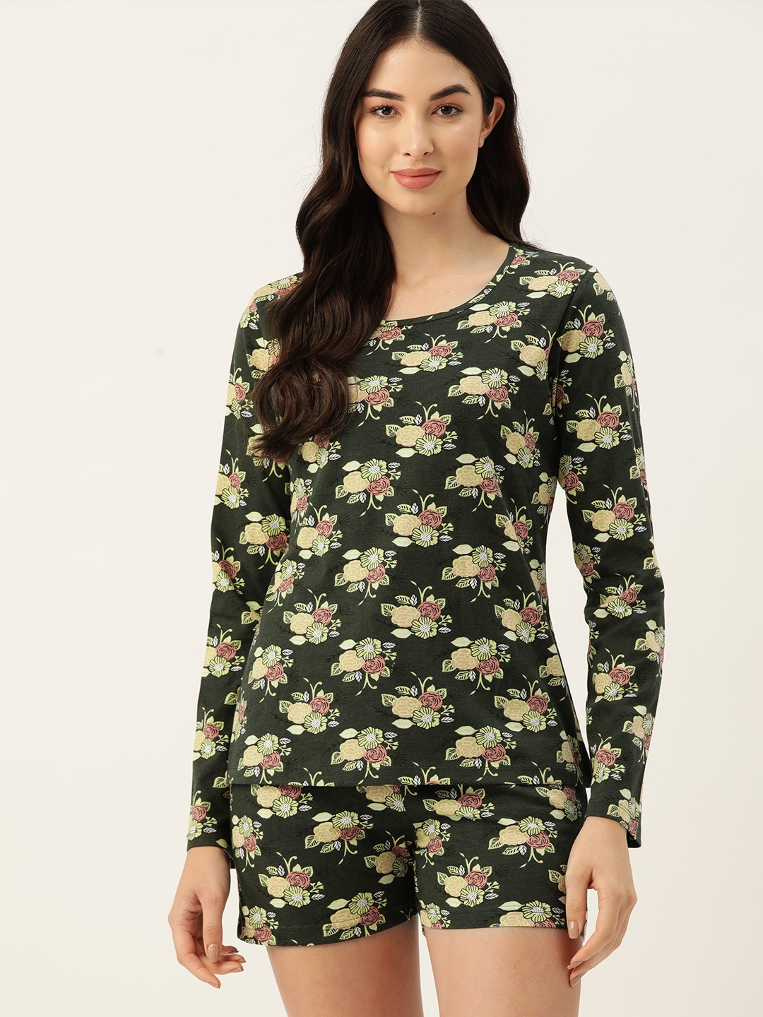 

ETC Women Floral Printed Pure Cotton Night suit, Olive