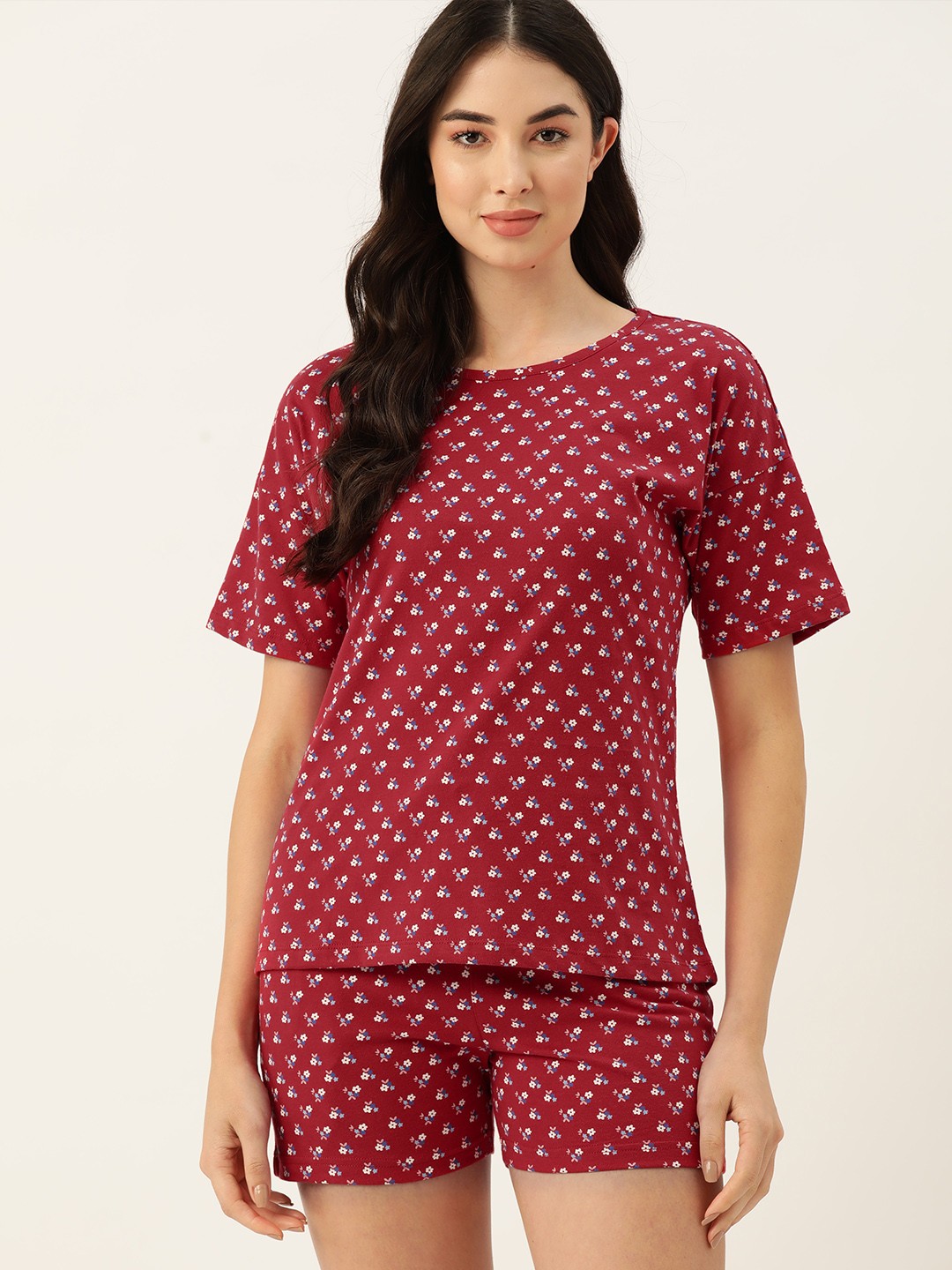 

ETC Women Floral Printed Pure Cotton Night suit, Red