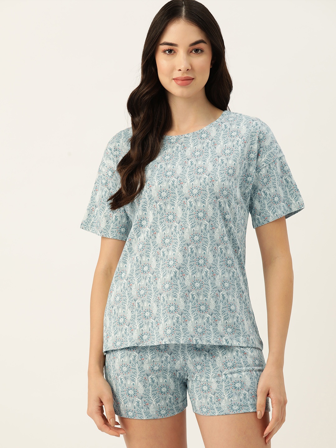 

ETC Women Floral Printed Pure Cotton Night suit, Grey
