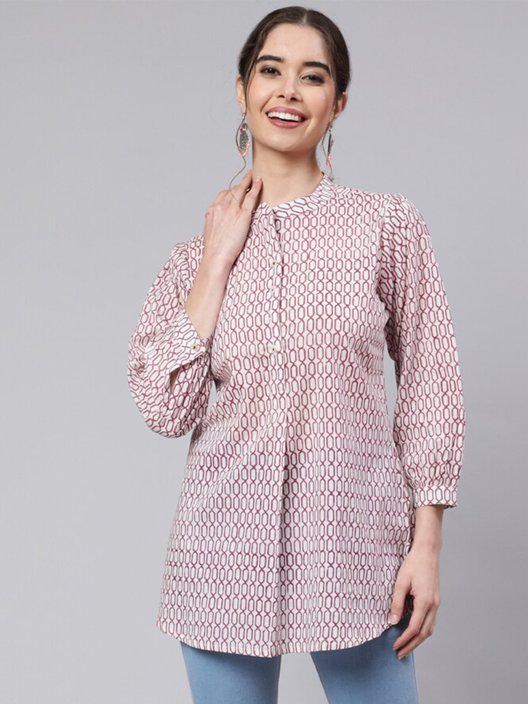 

Jaipur Kurti Geometric Printed Mandarin Collar Shirt Style Cotton Top, Magenta