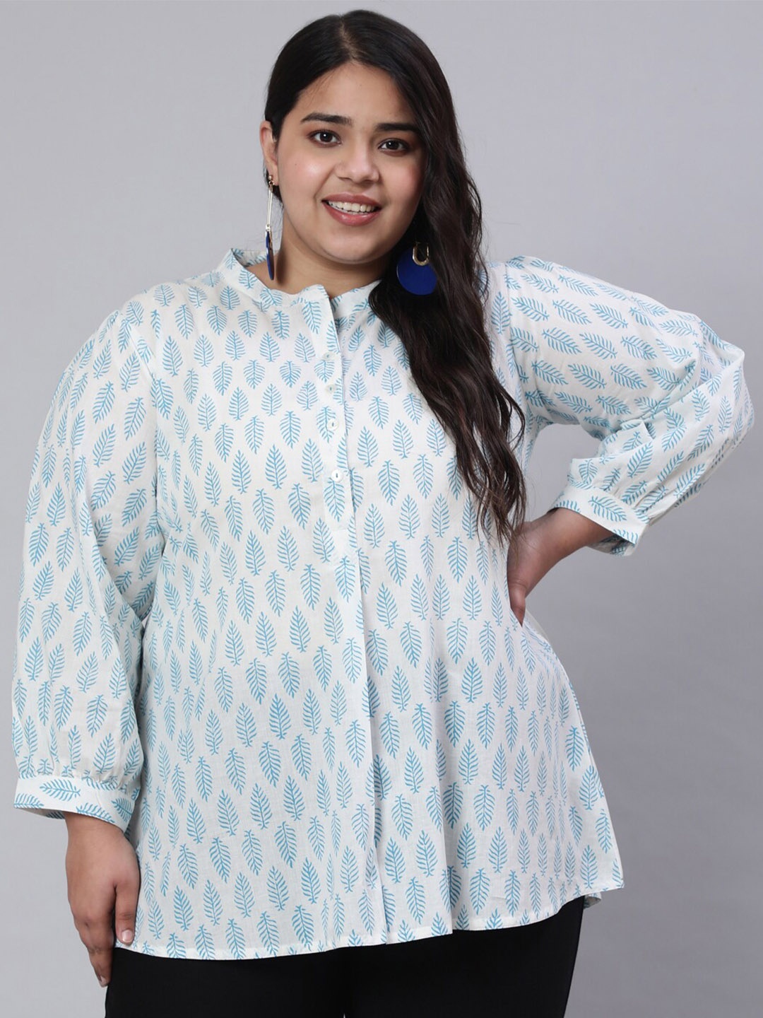 

Jaipur Kurti Turquoise Blue Plus Size Ethnic Motifs Printed Cotton Shirt Style Top, White