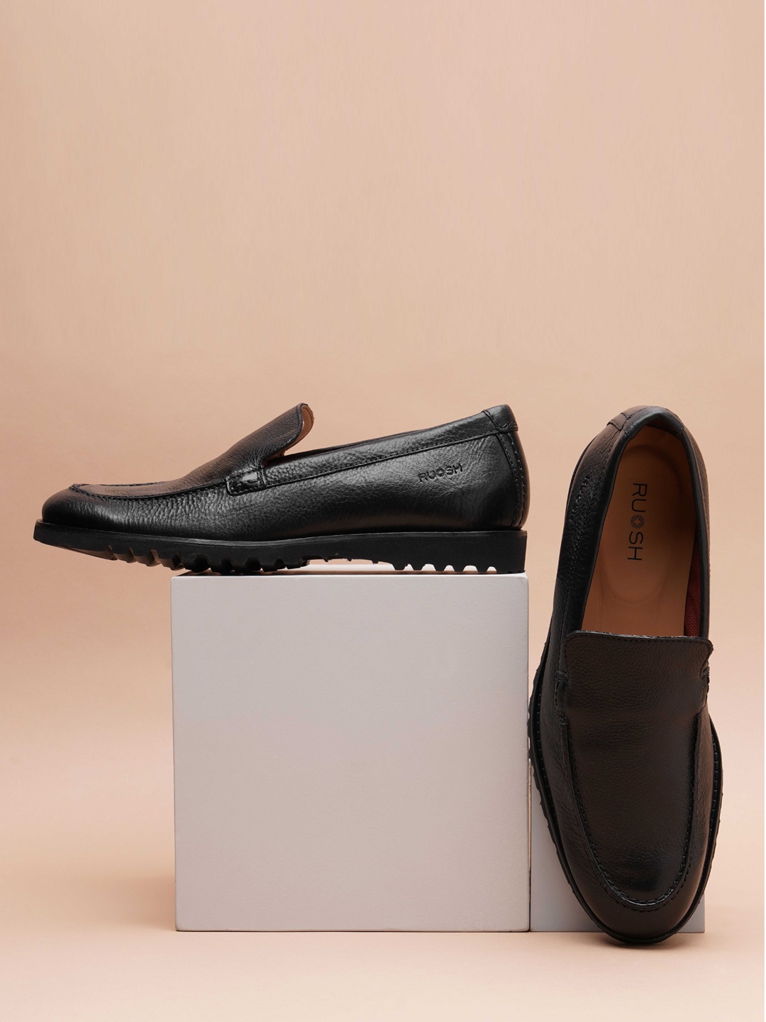 

Ruosh Men Textured Lightweight Comfort Insole Leather Basics Loafers, Black