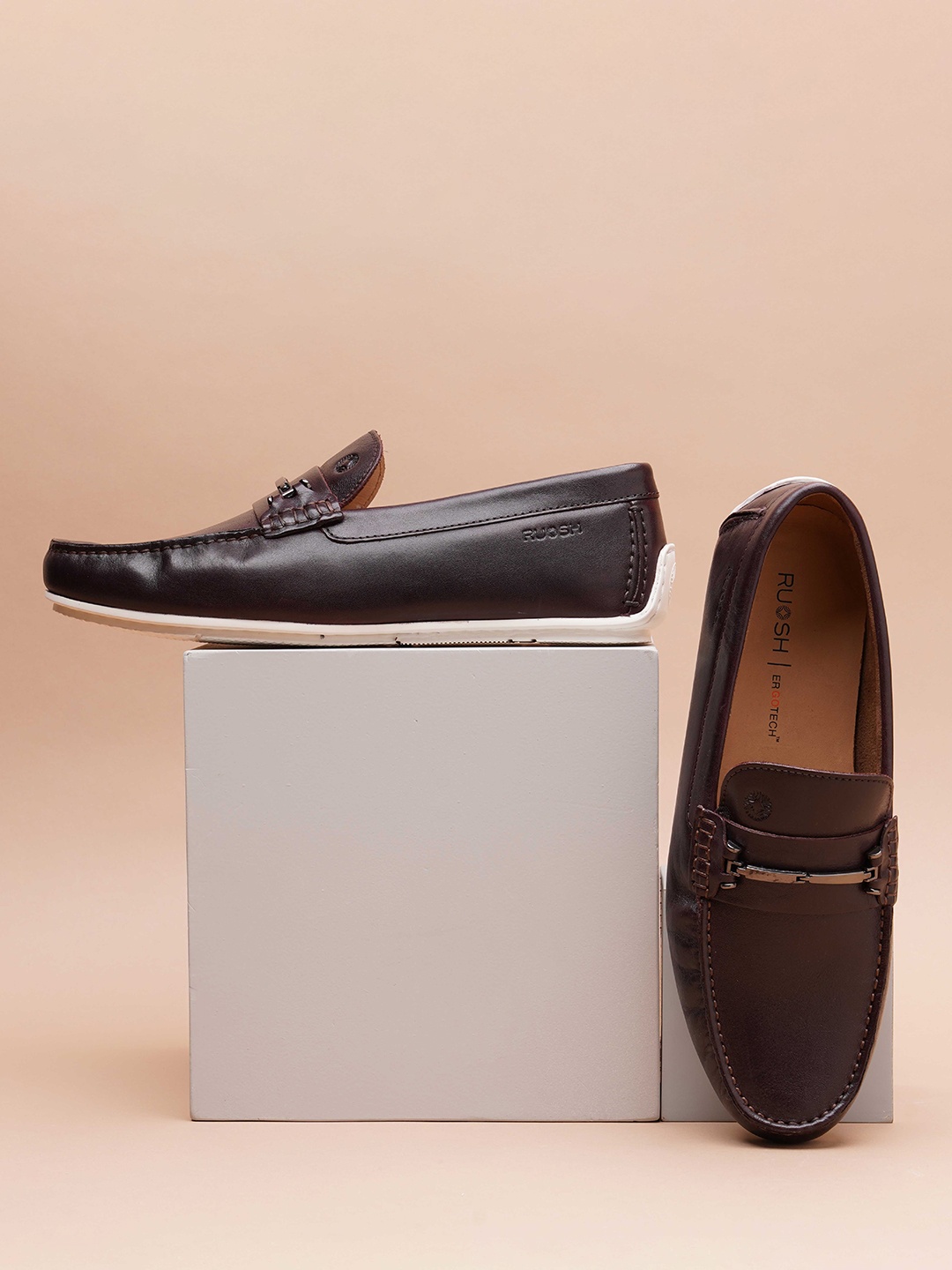 

Ruosh Men Textured Leather Horsebit Loafers, Brown