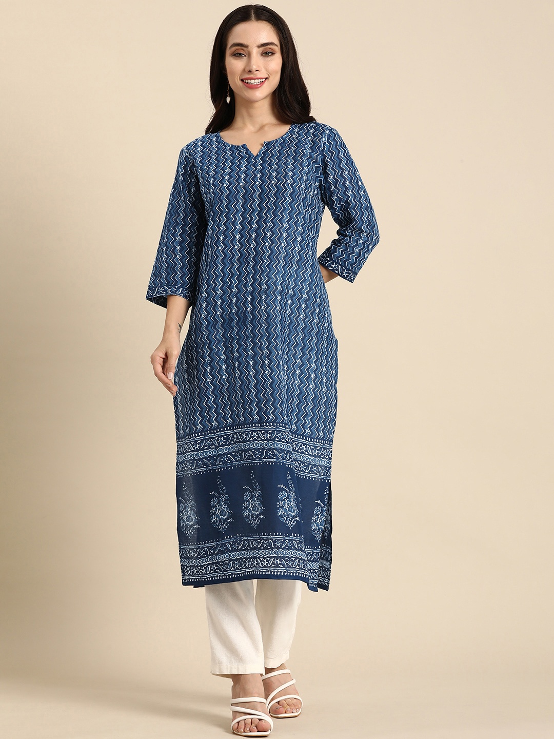 

Anouk Women Chevron Printed Kurta, Navy blue